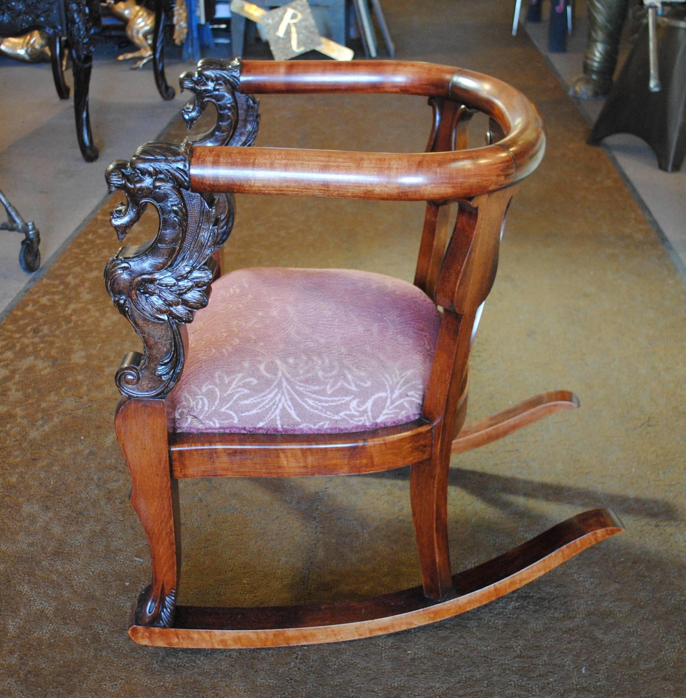 Antique Wood Rocking Chair Carved Griffin Lion Dragon For Sale 1