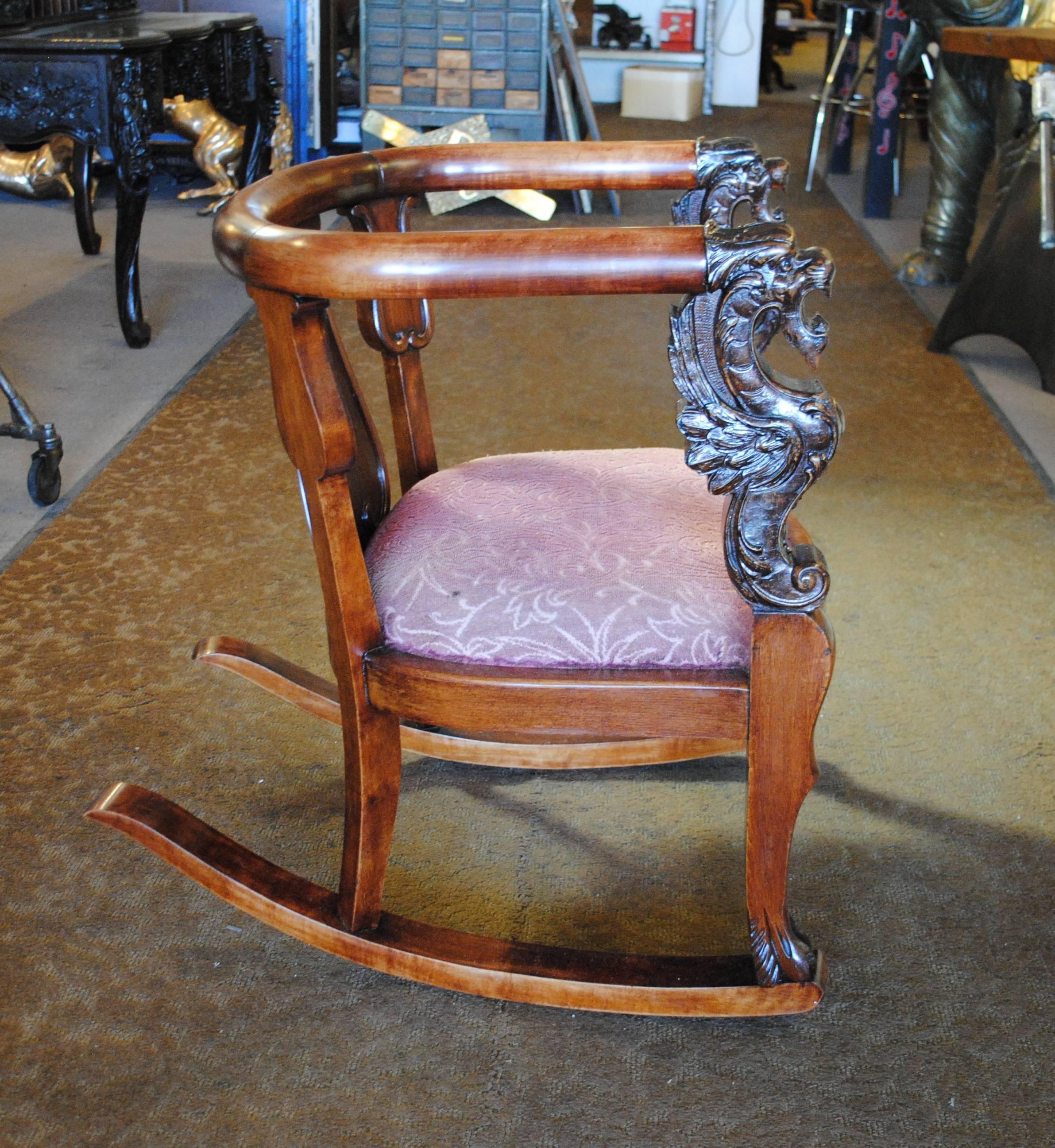 Antique Wood Rocking Chair Carved Griffin Lion Dragon In Excellent Condition For Sale In LAS VEGAS, NV