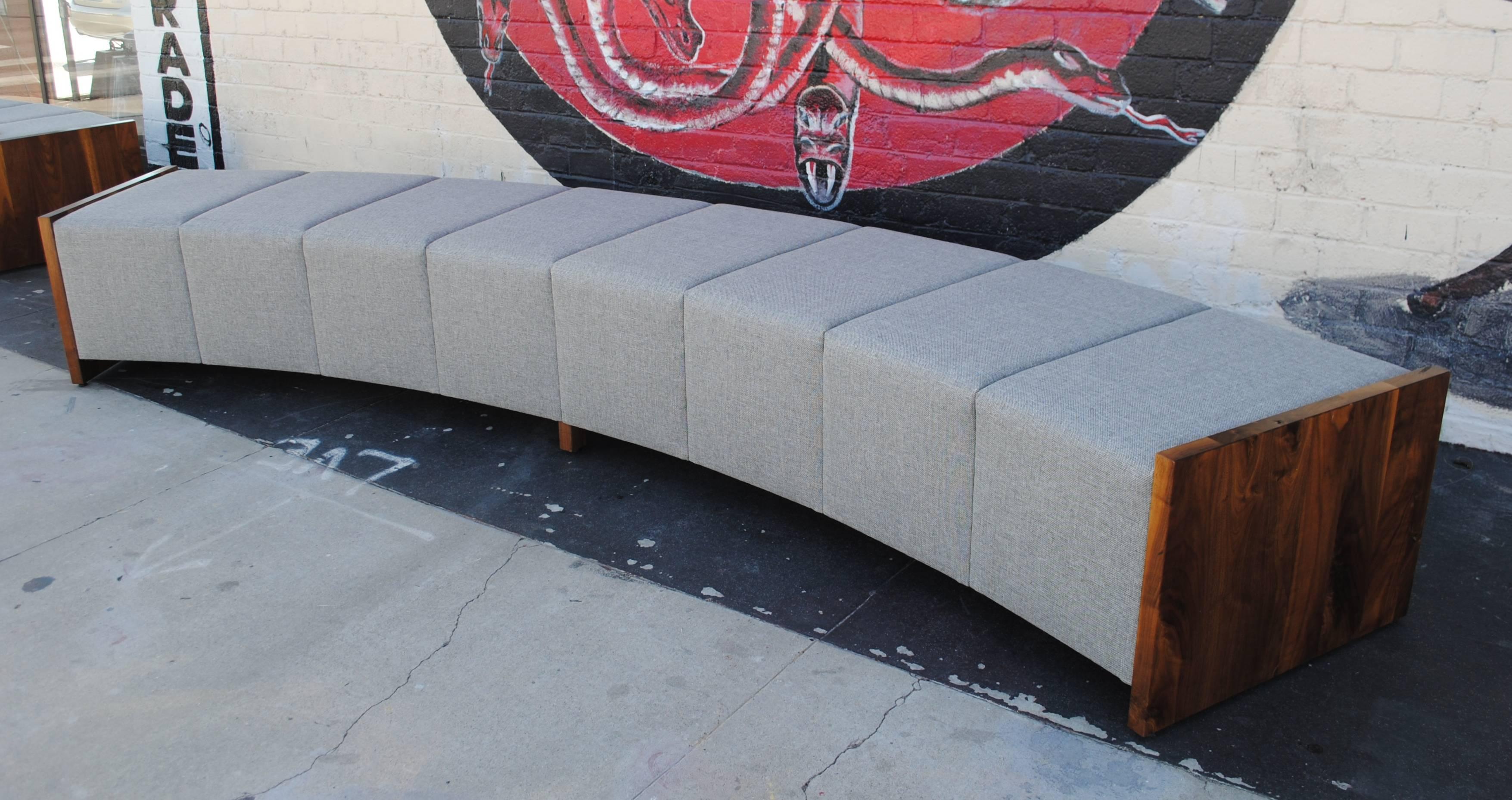Large Modern Curved Upholstered and Walnut Bench In Excellent Condition For Sale In LAS VEGAS, NV