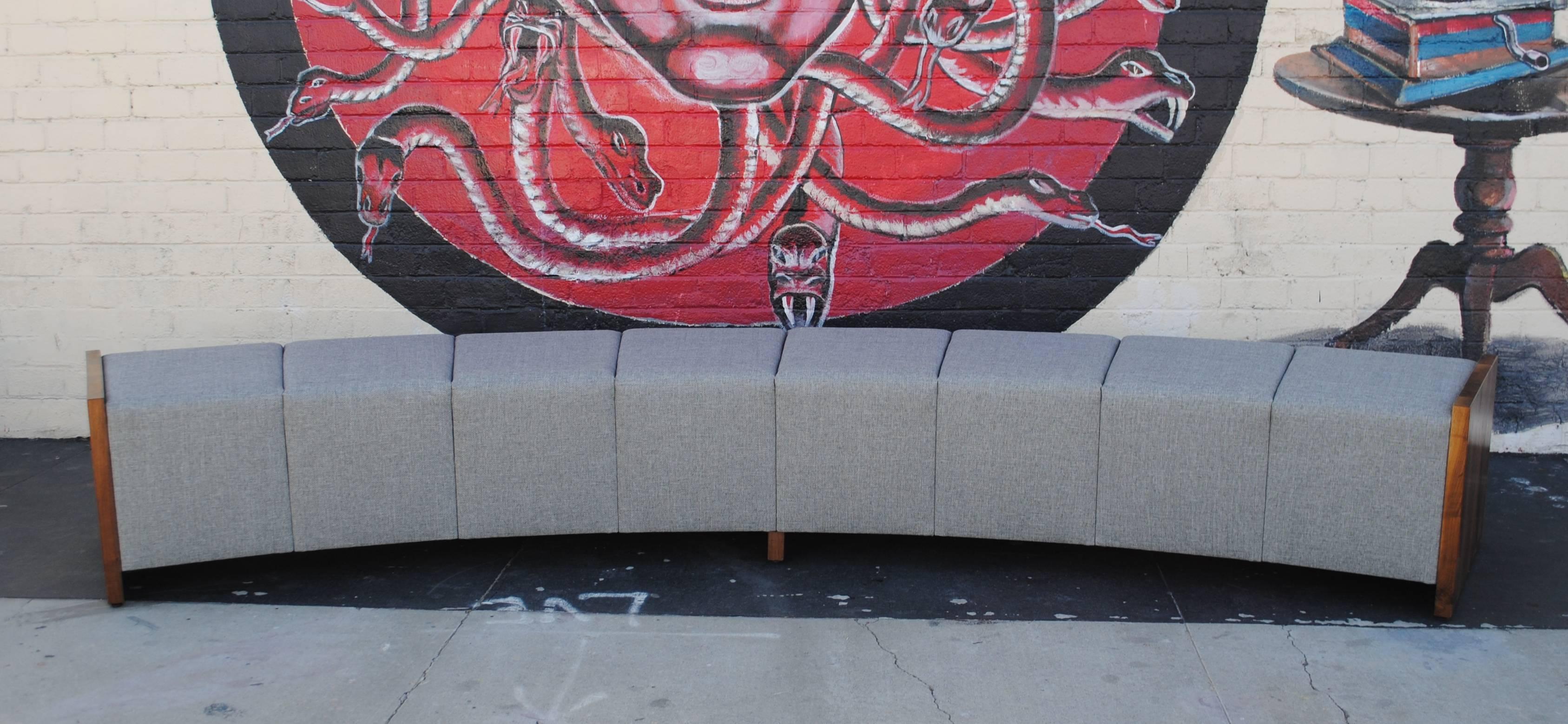 American Large Modern Curved Upholstered and Walnut Bench For Sale