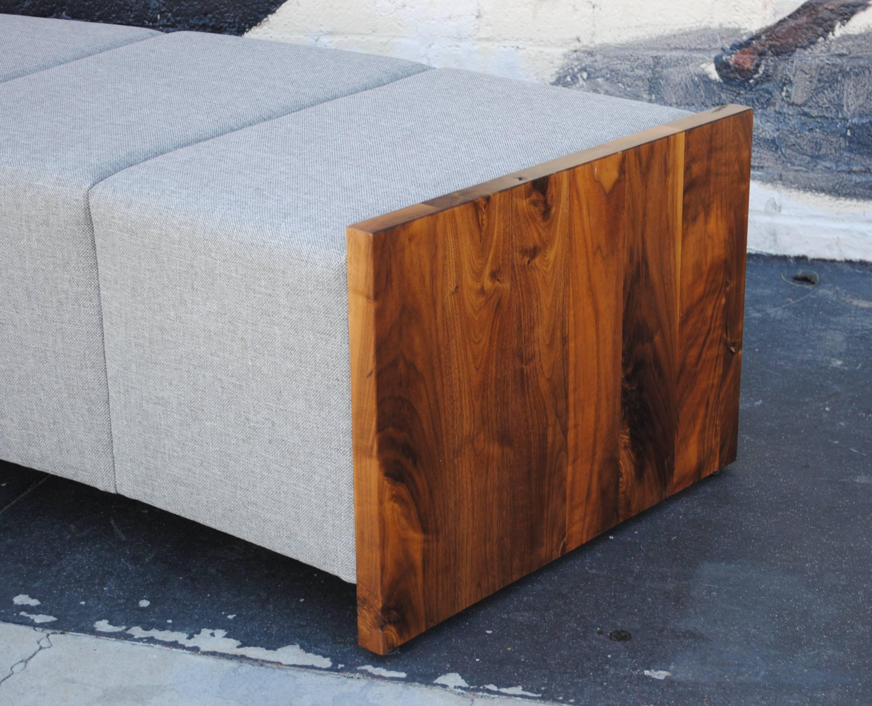 Contemporary Large Modern Curved Upholstered and Walnut Bench For Sale