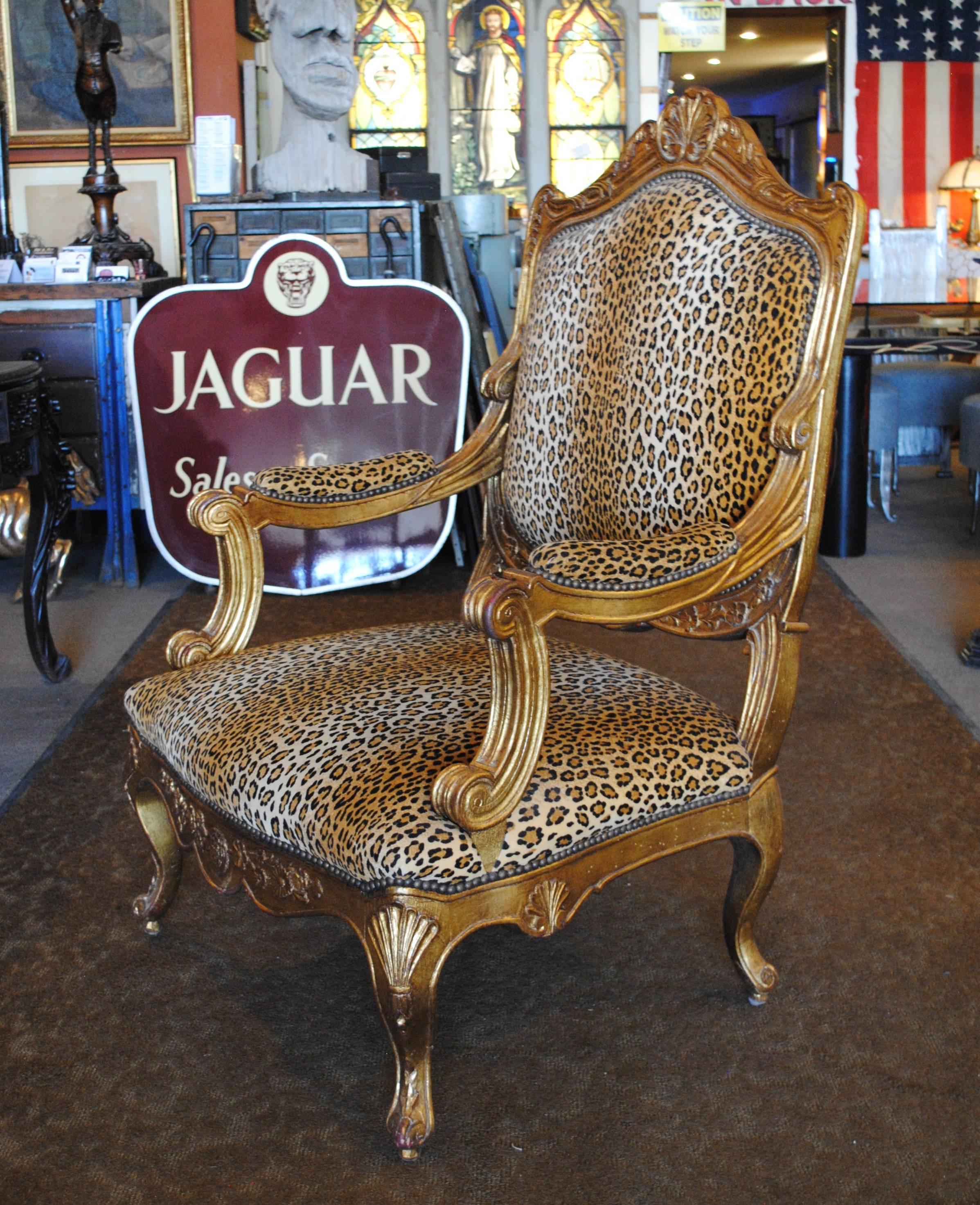 20th Century Louis XV Style Giltwood Armchair in Leopard Print For Sale