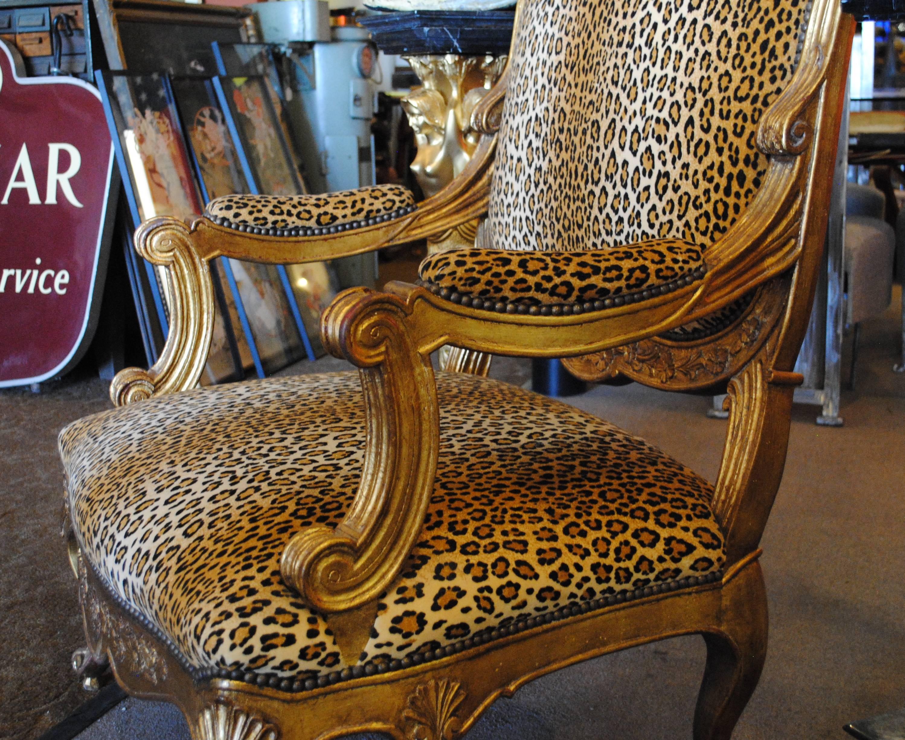 Louis XV Style Giltwood Armchair in Leopard Print For Sale 3