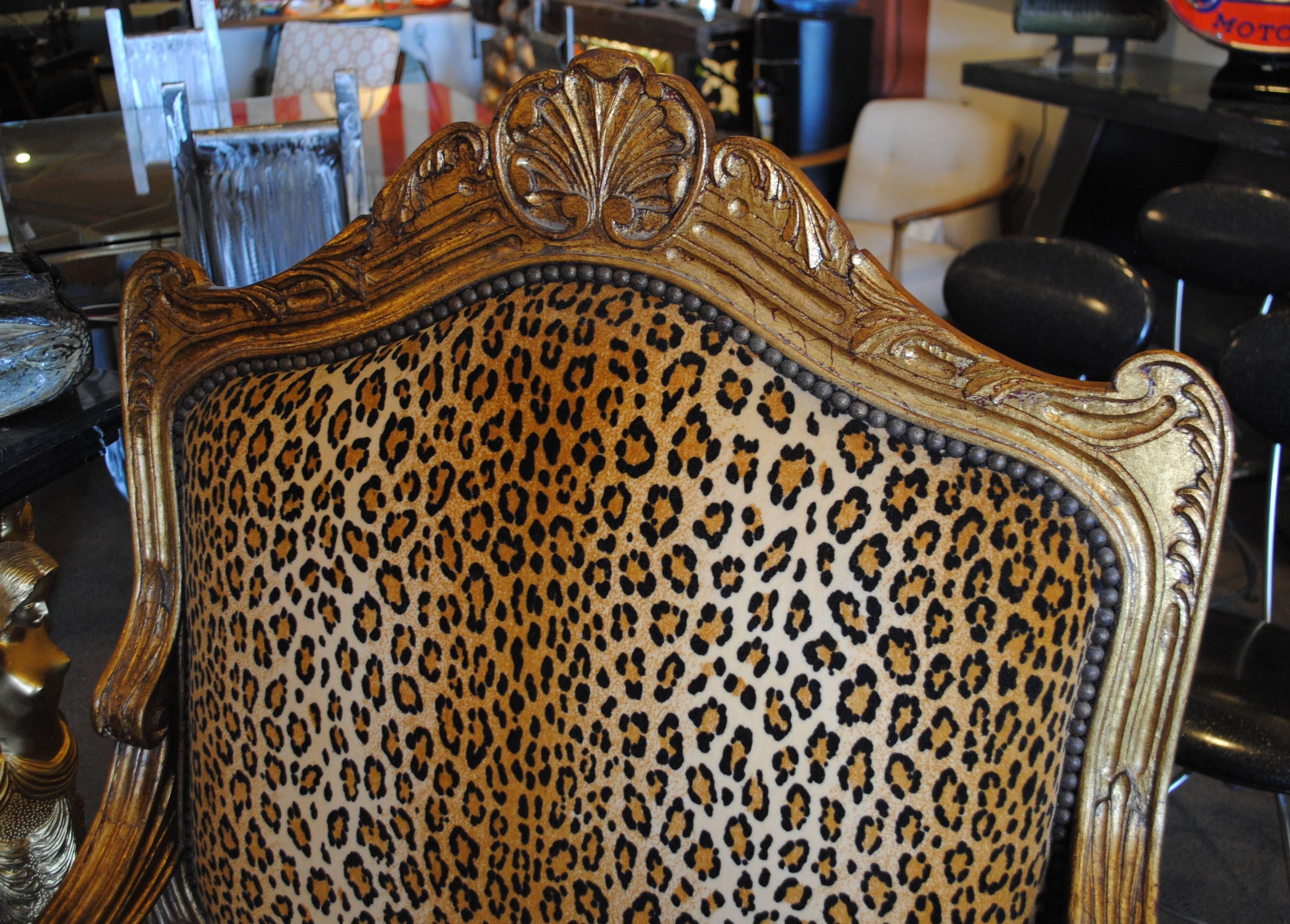 Louis XV Style Giltwood Armchair in Leopard Print For Sale 2