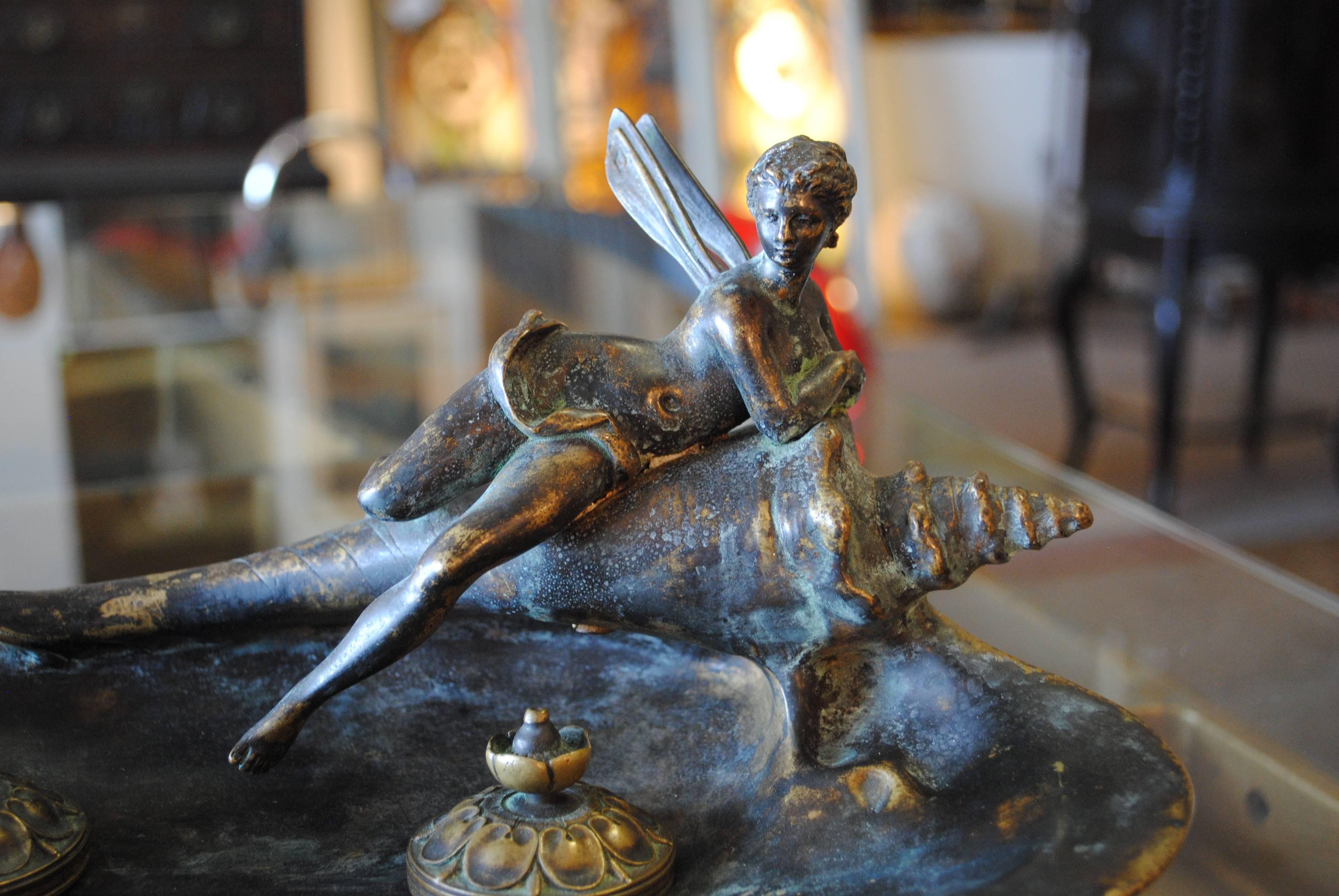 Art Nouveau Bronze Inkwell Fairy on Shell In Excellent Condition In LAS VEGAS, NV