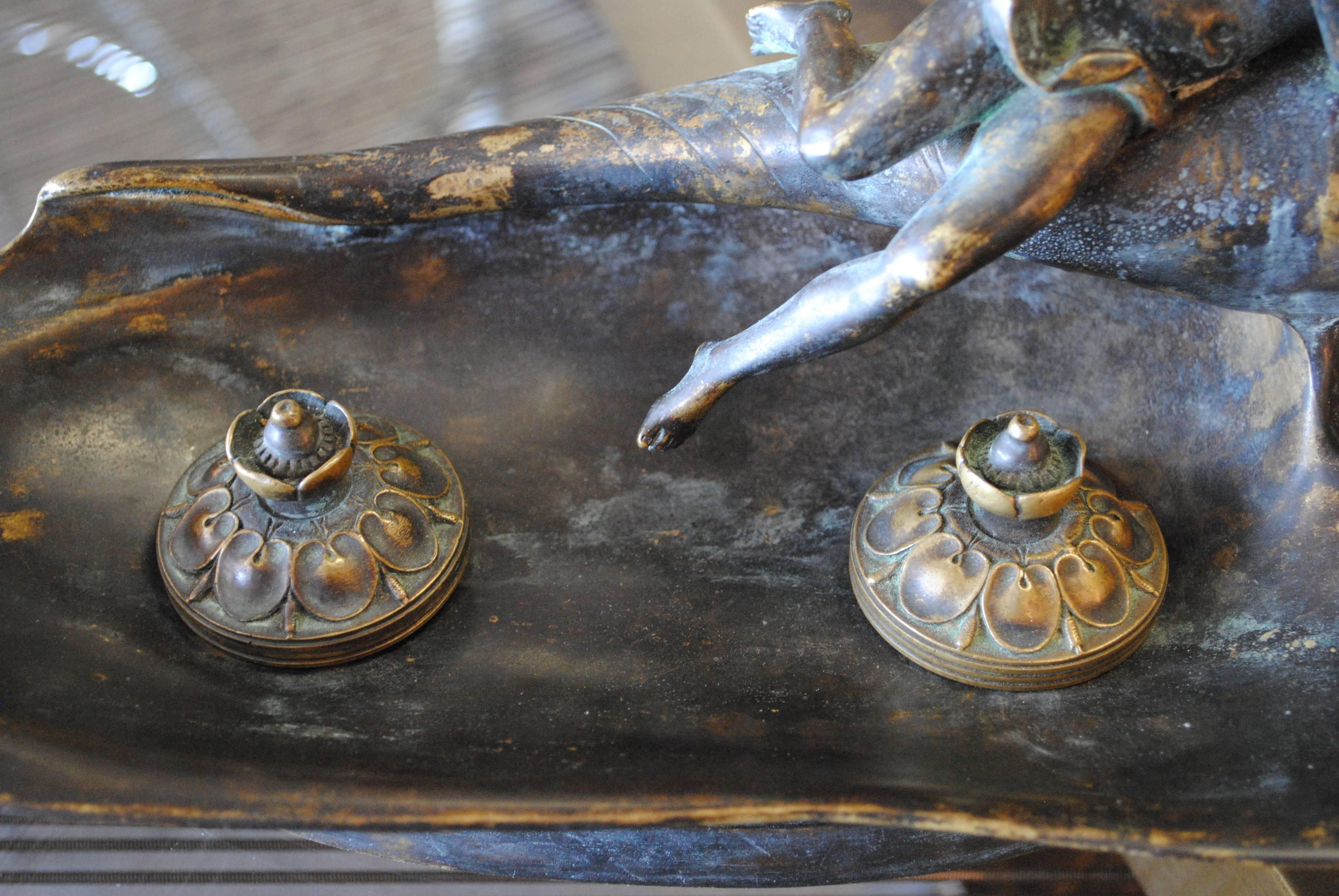 19th Century Art Nouveau Bronze Inkwell Fairy on Shell