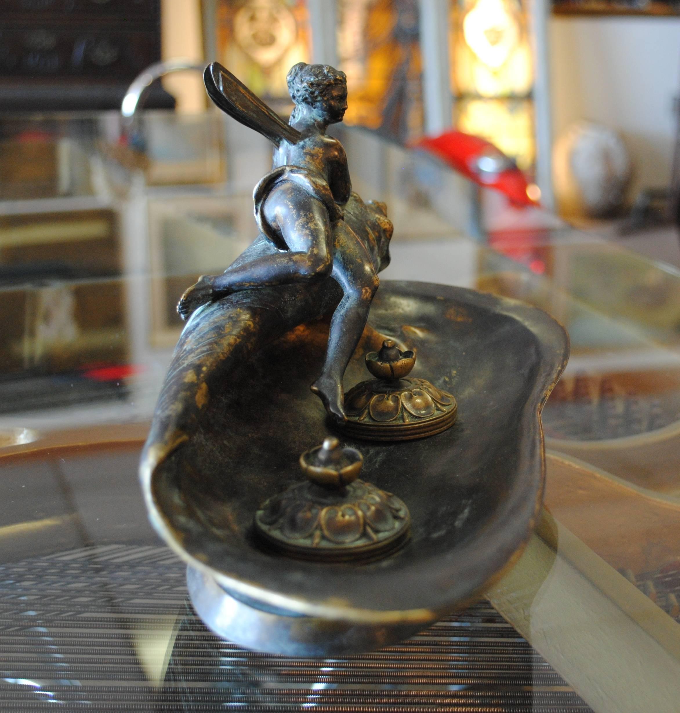 Art Nouveau Bronze Inkwell Fairy on Shell 4