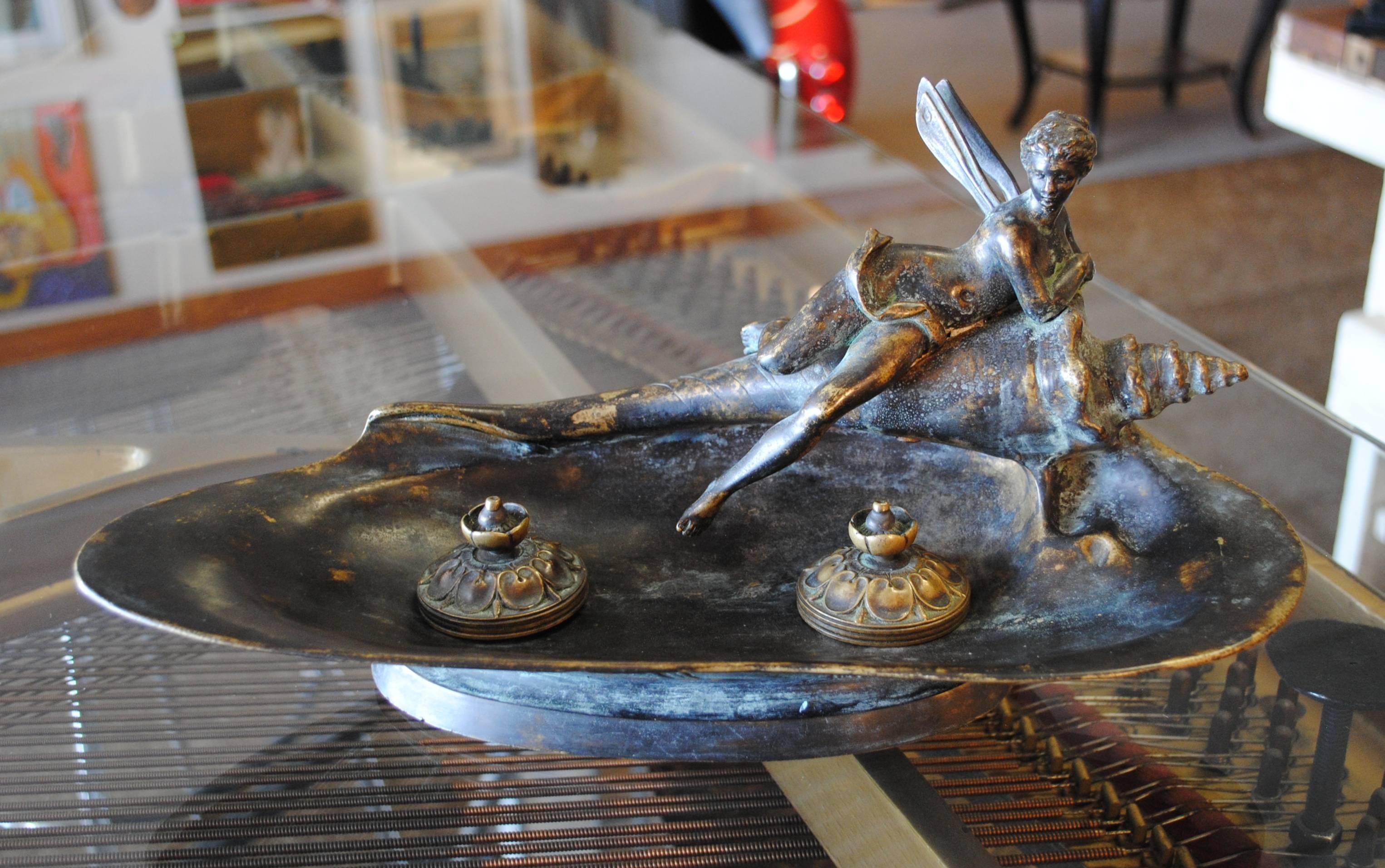 Unknown Art Nouveau Bronze Inkwell Fairy on Shell
