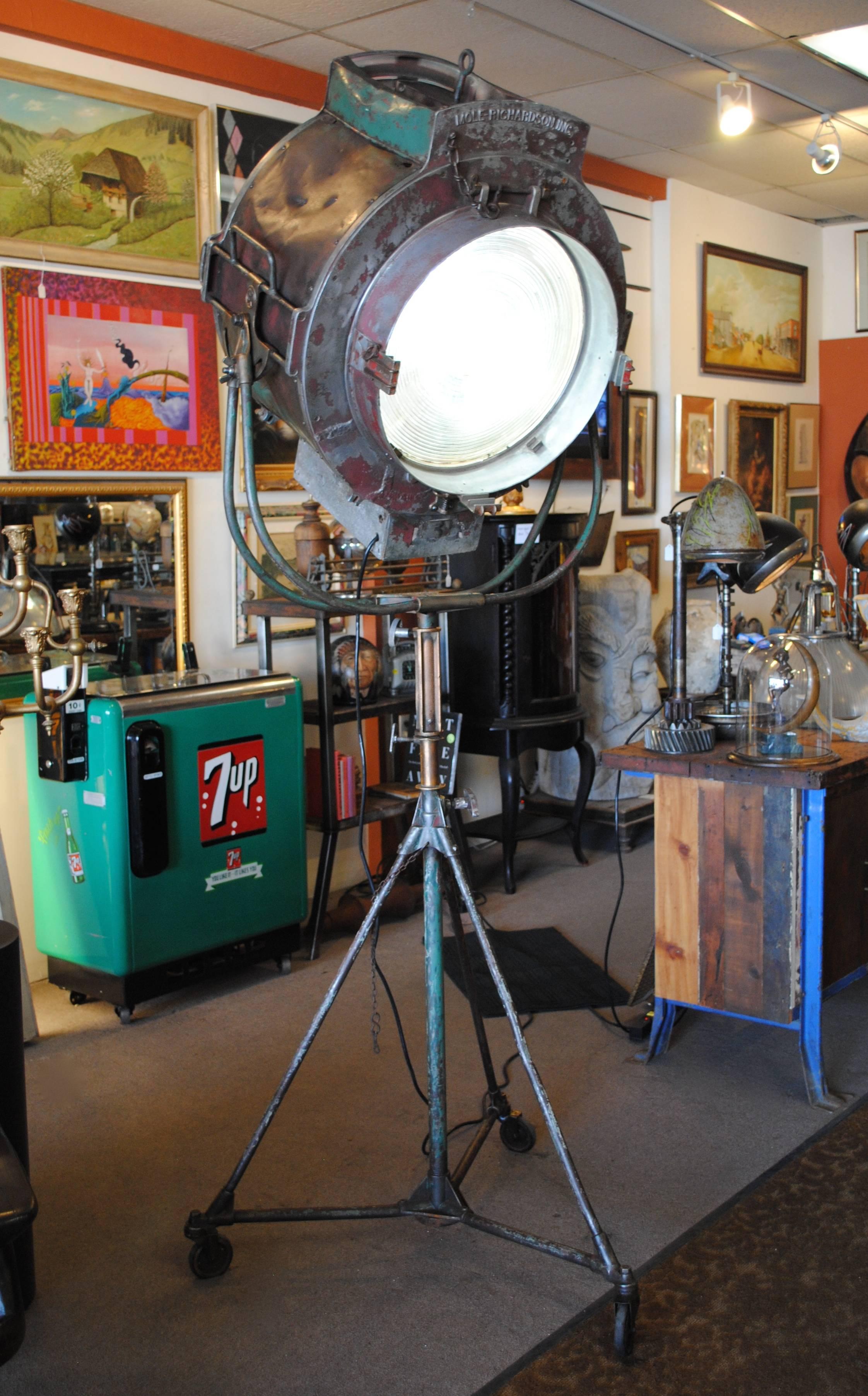 Authentic Mole Richardson movie studio spotlight.  This working spotlight stands 8' tall and the base is 36