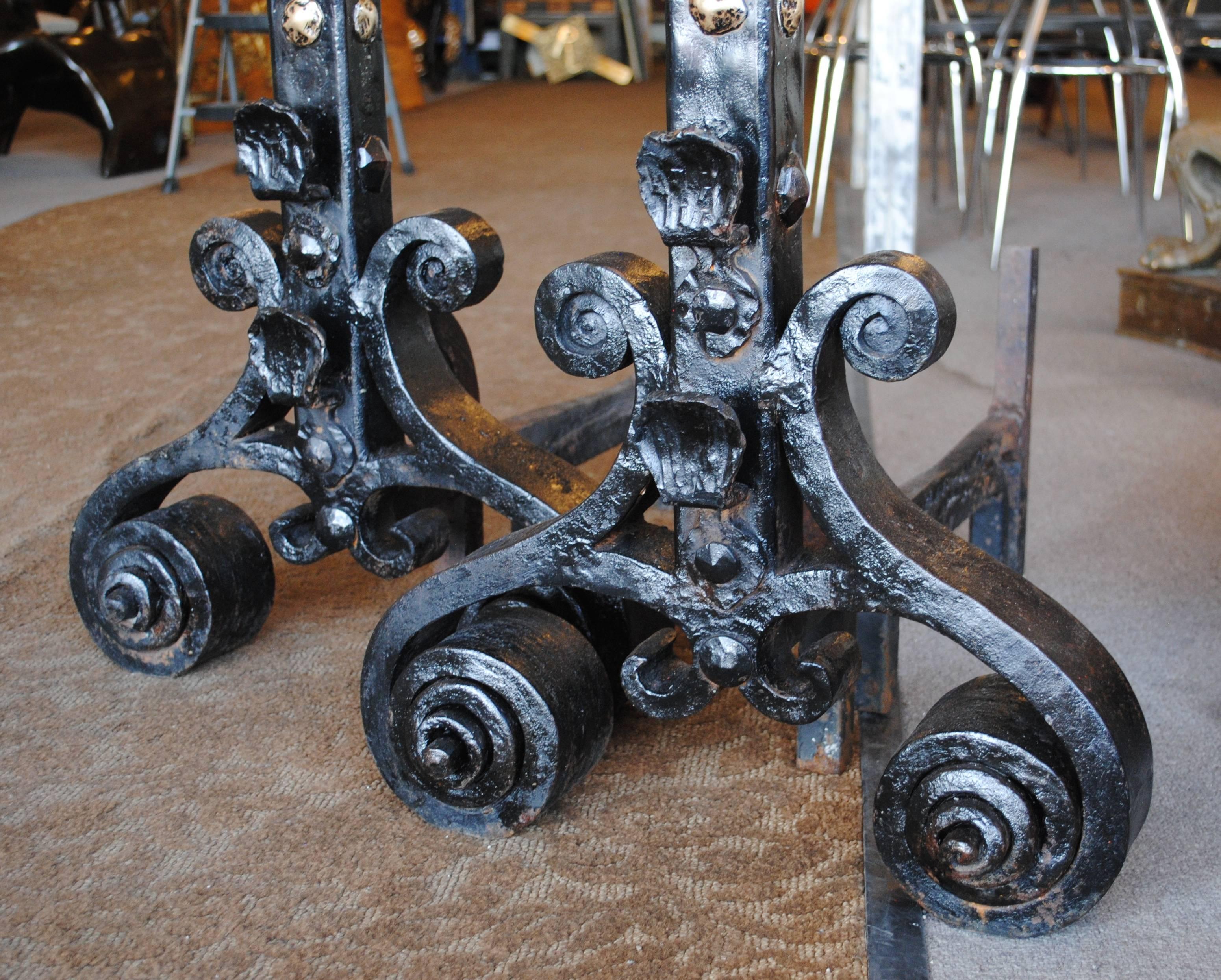 Monumental Pair of Spanish Colonial Revival Andirons For Sale 1