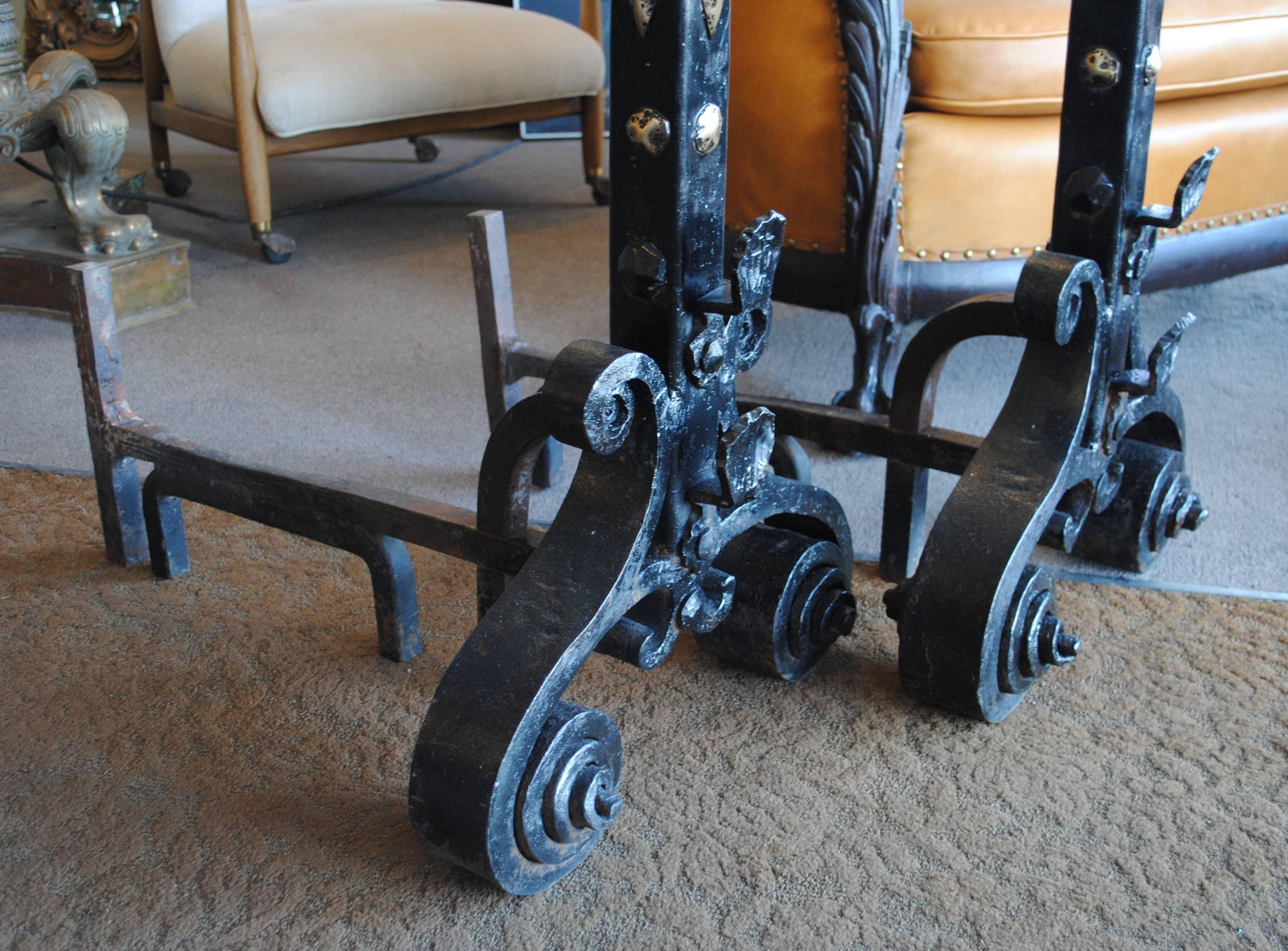 Monumental Pair of Spanish Colonial Revival Andirons For Sale 2