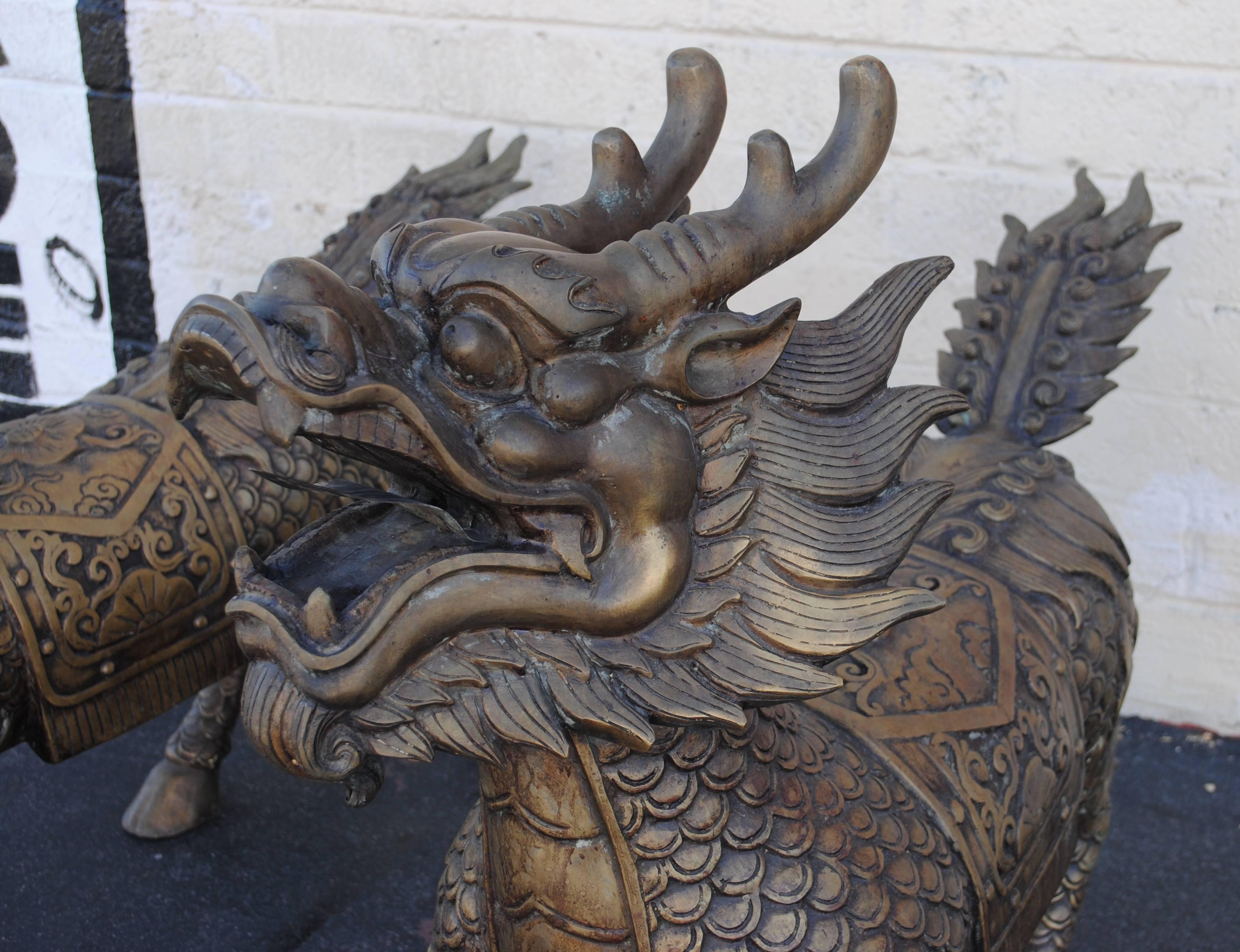 Pair of Large Bronze Sculptures of Foo Dogs Dragons Phylactery Beasts In Excellent Condition For Sale In LAS VEGAS, NV