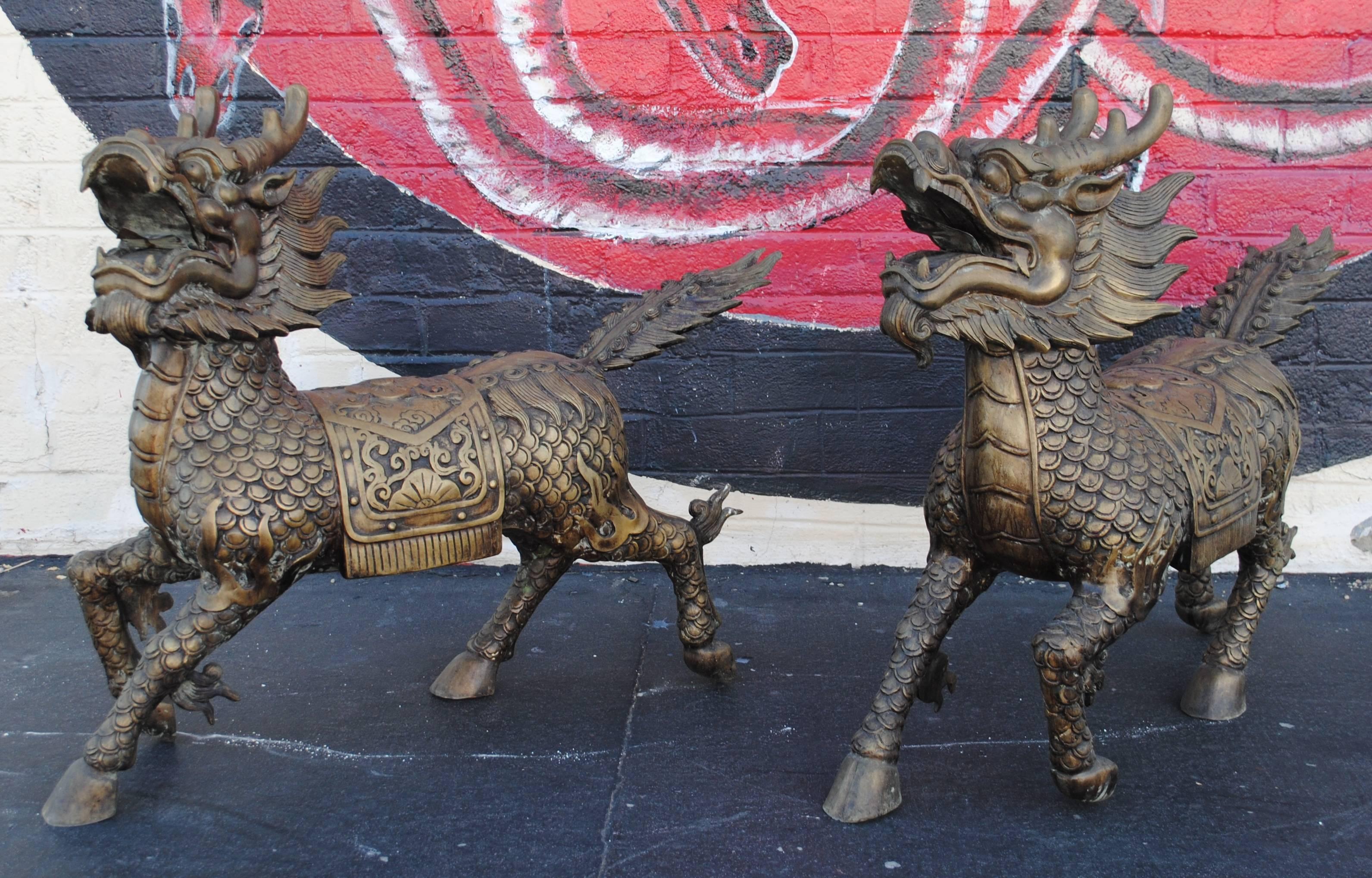 20th Century Pair of Large Bronze Sculptures of Foo Dogs Dragons Phylactery Beasts For Sale
