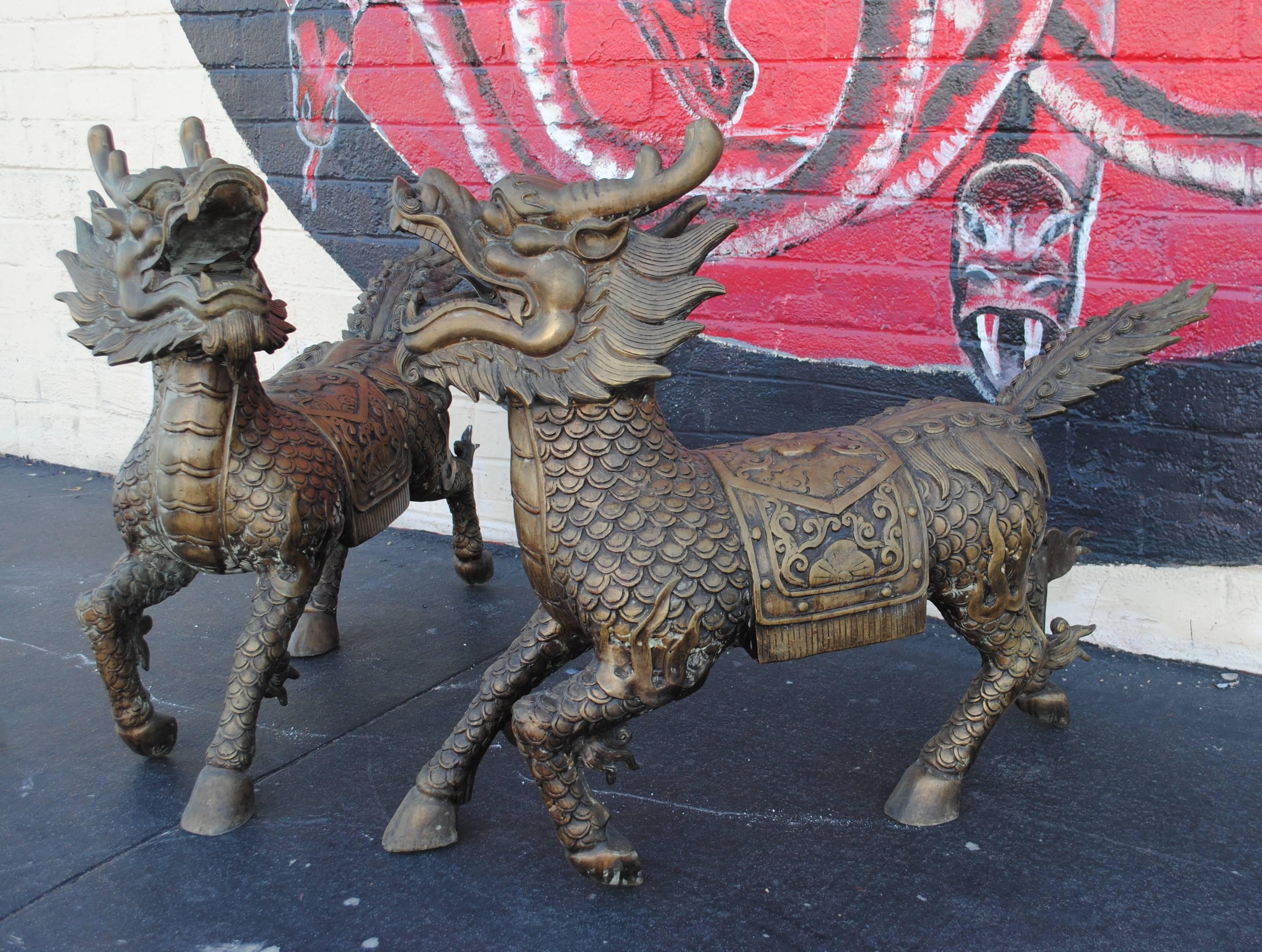 Chinese Pair of Large Bronze Sculptures of Foo Dogs Dragons Phylactery Beasts For Sale