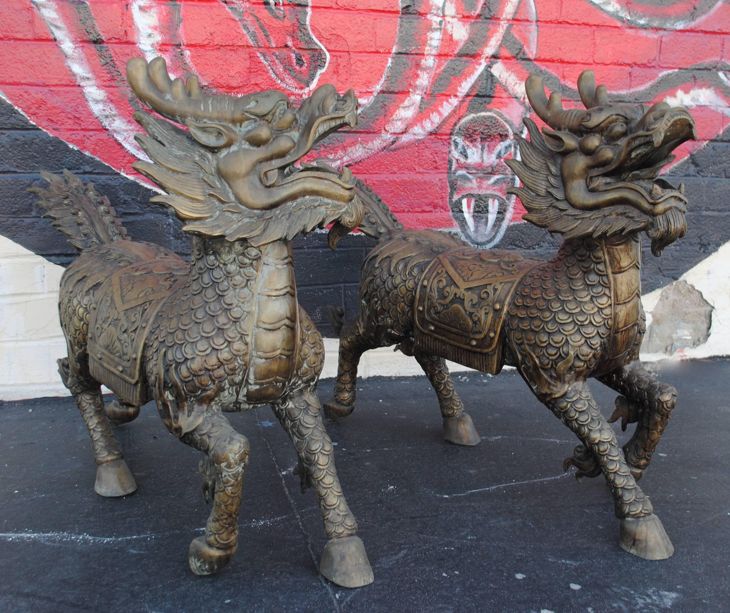 Pair of Large Bronze Sculptures of Foo Dogs Dragons Phylactery Beasts For Sale 1