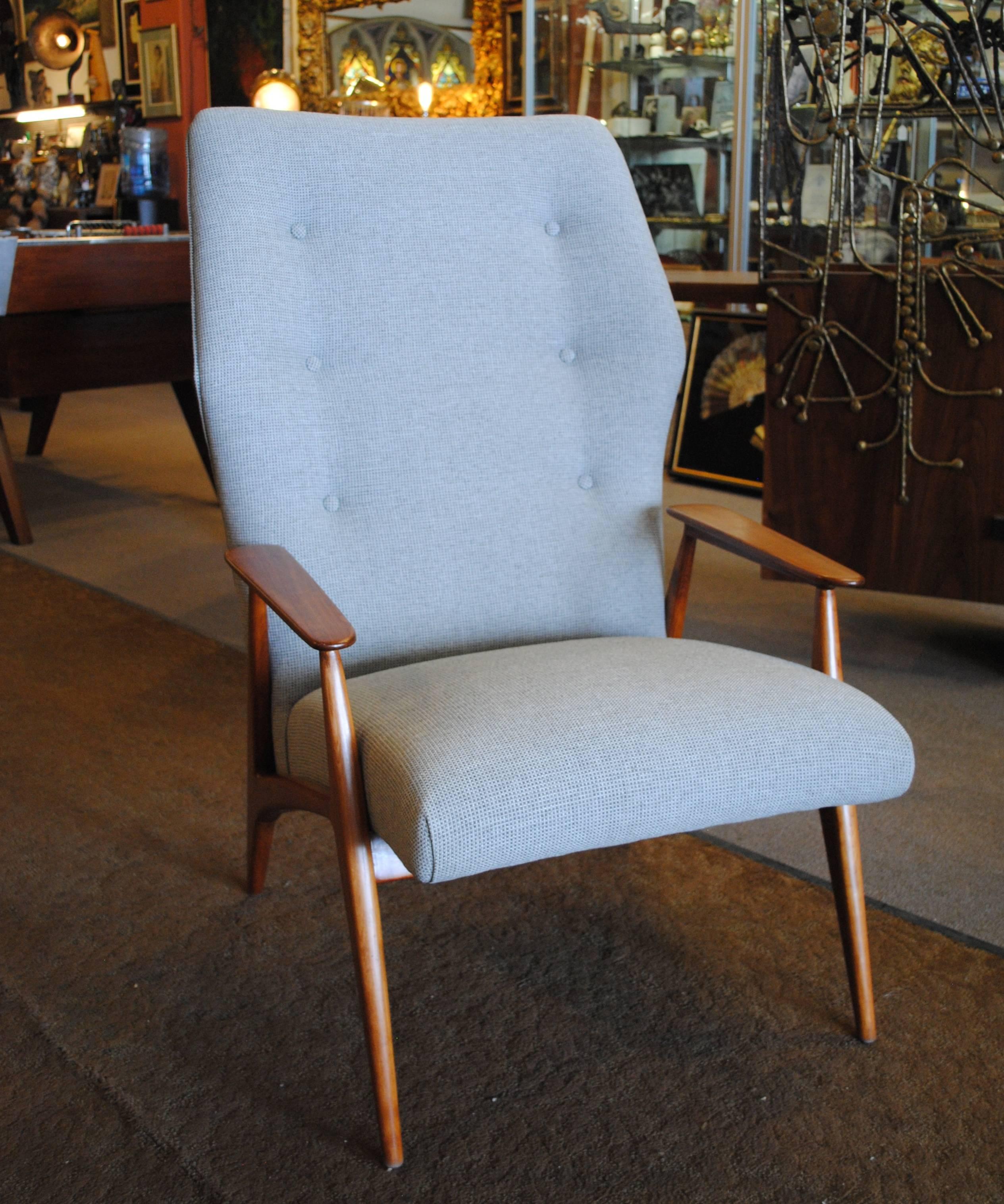 Beautiful Danish modern wingback lounge chair in new grey tweed upholstery.