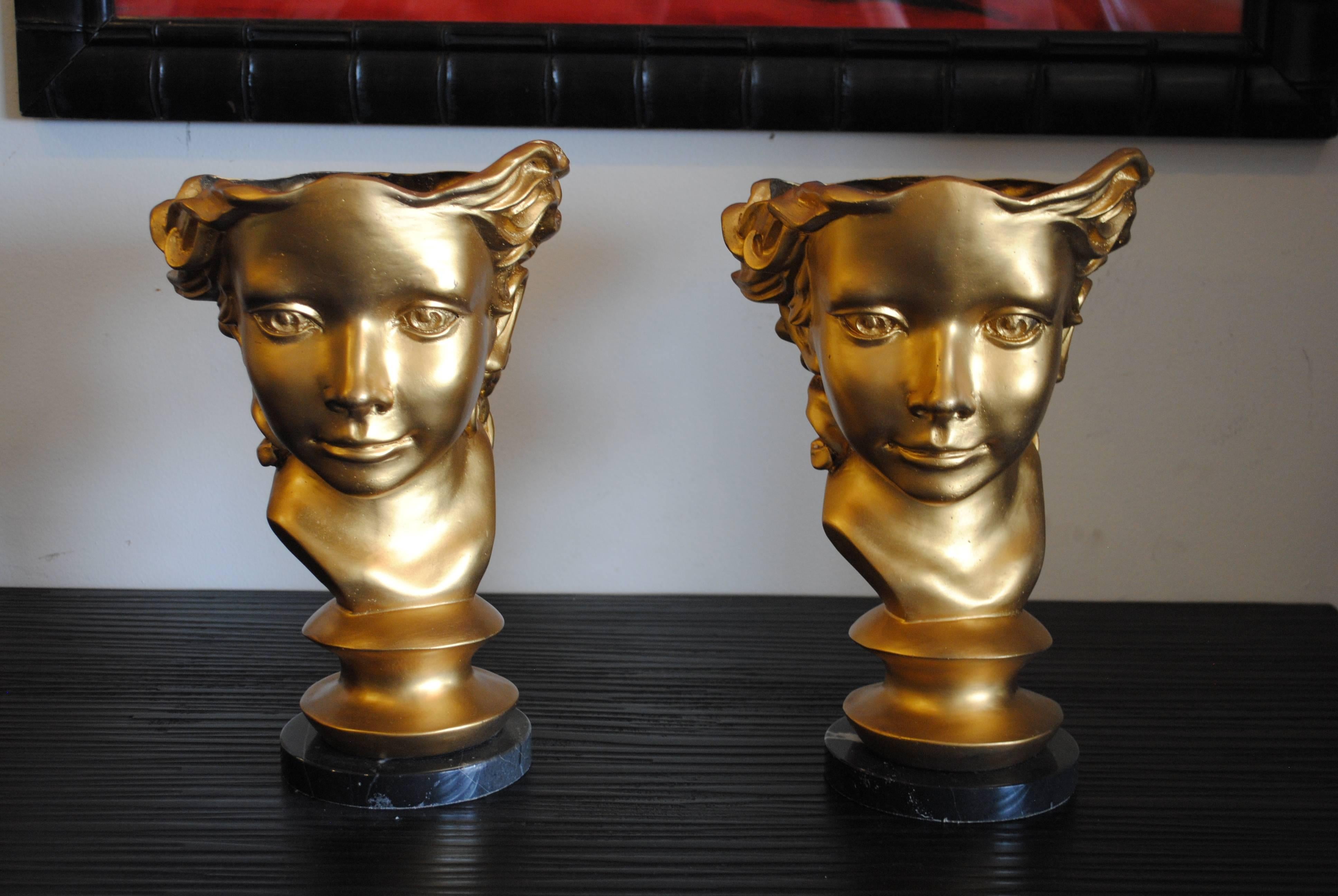 American Pair of Gilt Bronze Busts Ladies Head Sculptures