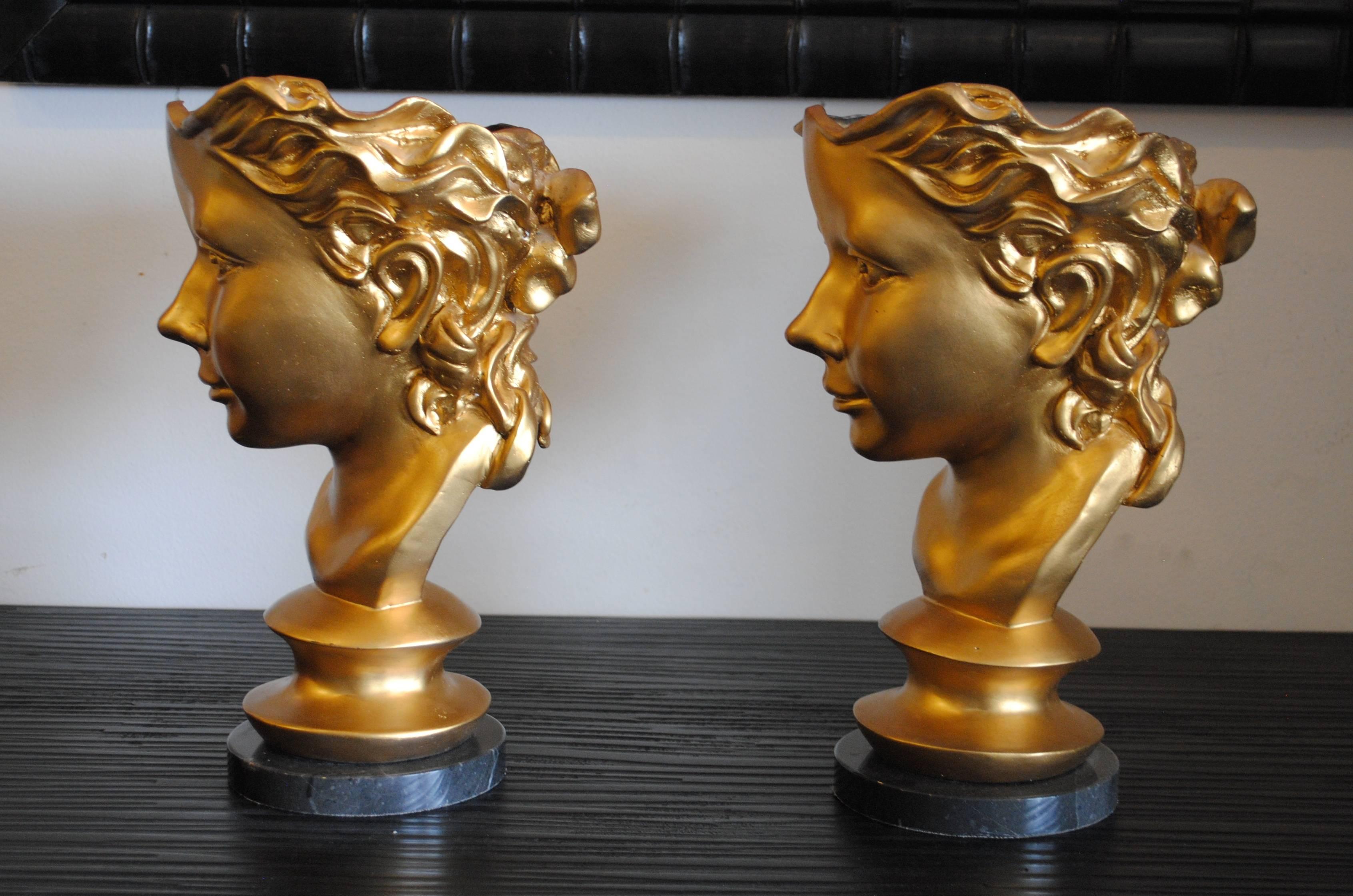 Pair of Gilt Bronze Busts Ladies Head Sculptures In Excellent Condition In LAS VEGAS, NV