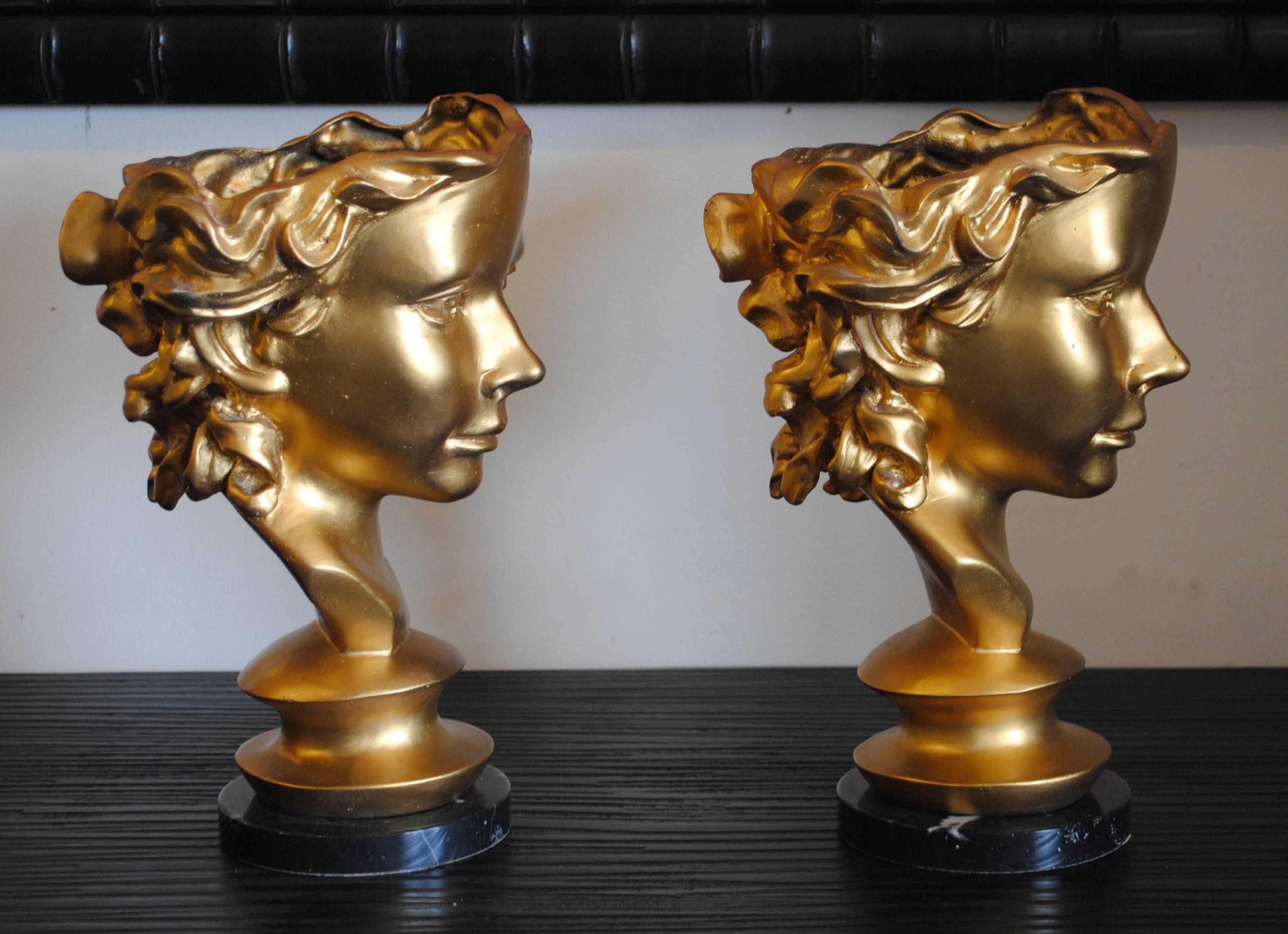 Pair of Gilt Bronze Busts Ladies Head Sculptures 1