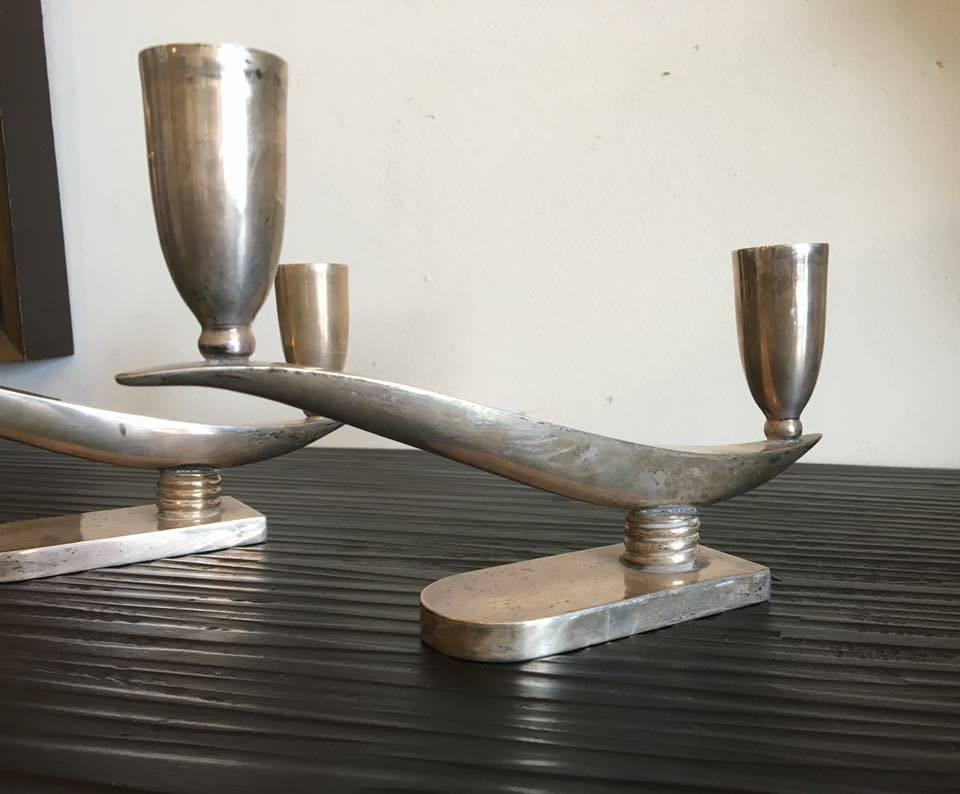 Vintage Pair of Sterling Silver Mexican Modernist Candleholders In Excellent Condition For Sale In LAS VEGAS, NV