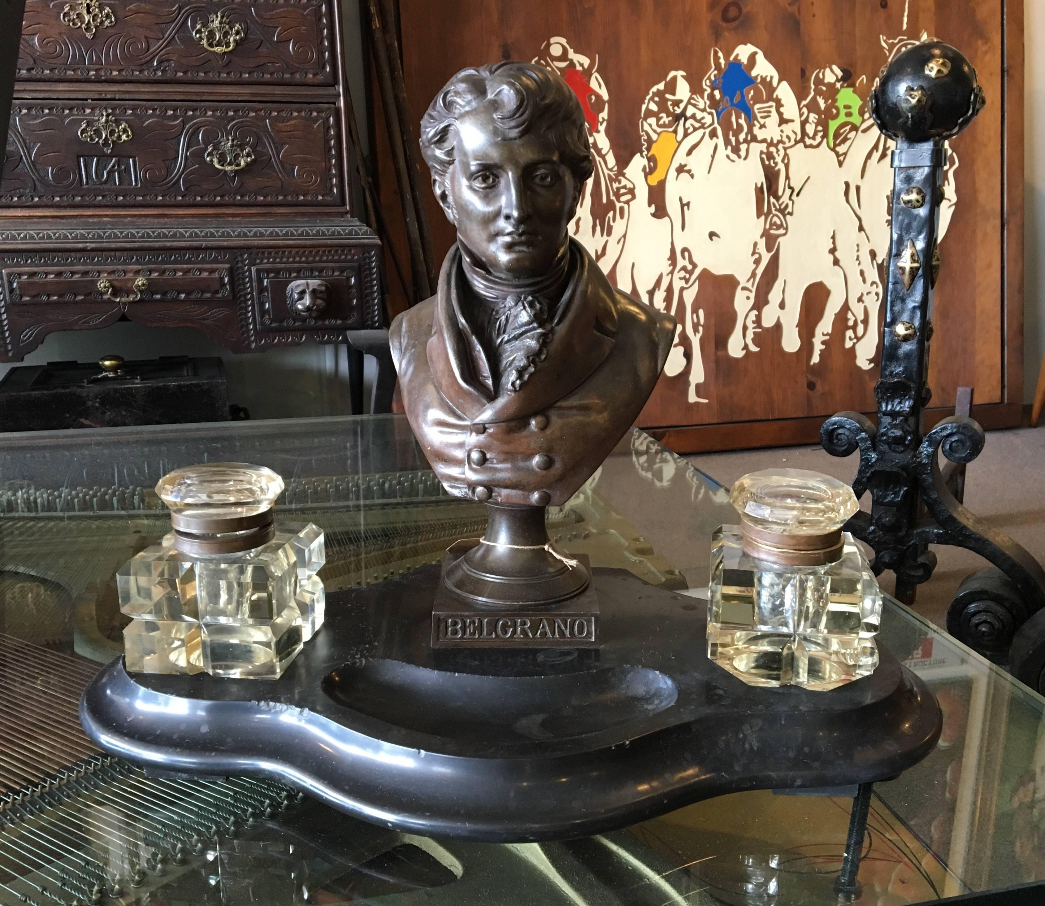 Offering this antique bronze bust on a marble base with double inkwells signed by A. Carrier. Measures 15