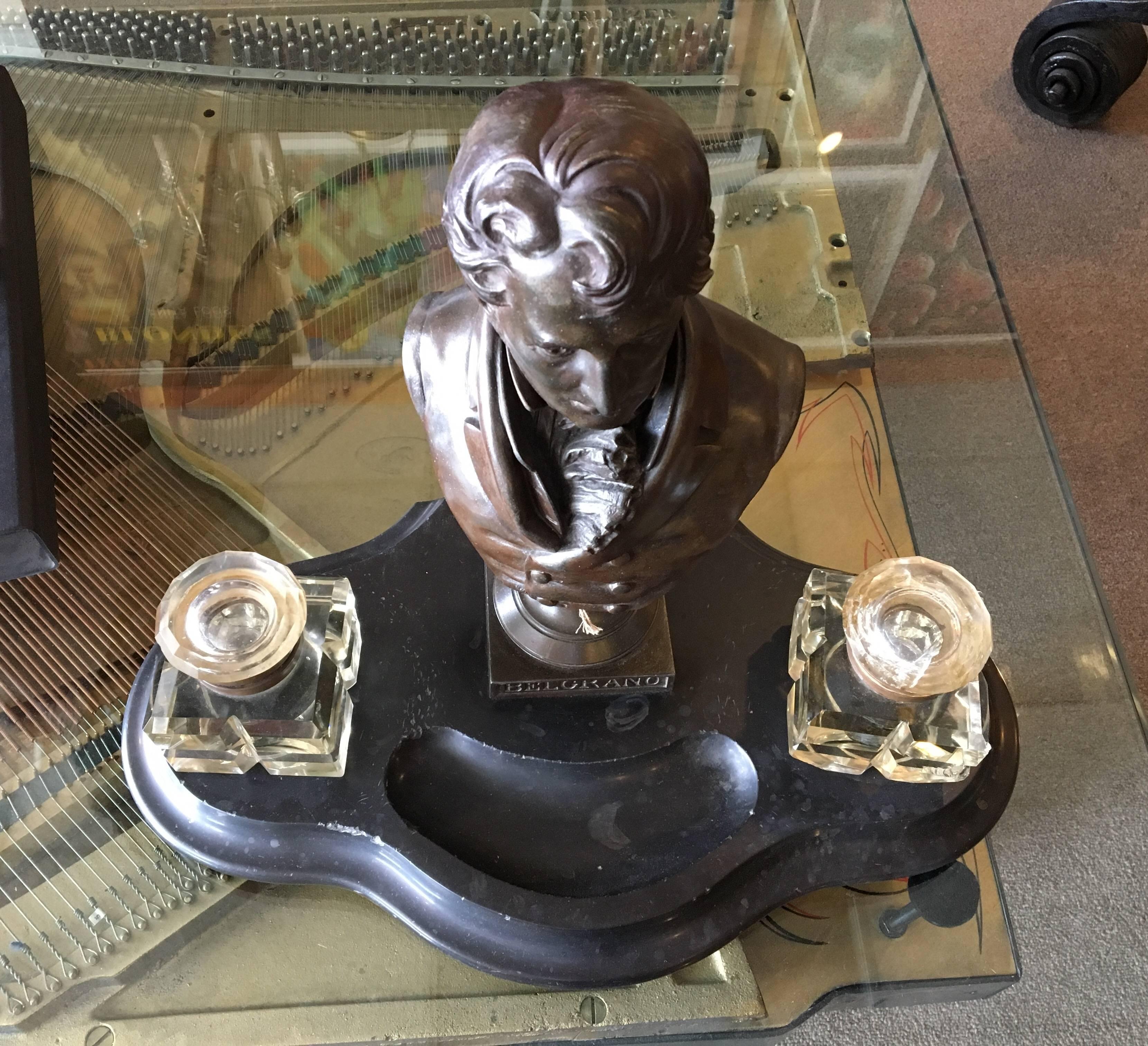 Antique A. Carrier Signed Bronze Bust of Belgrano Marble Base Double Inkwell 2