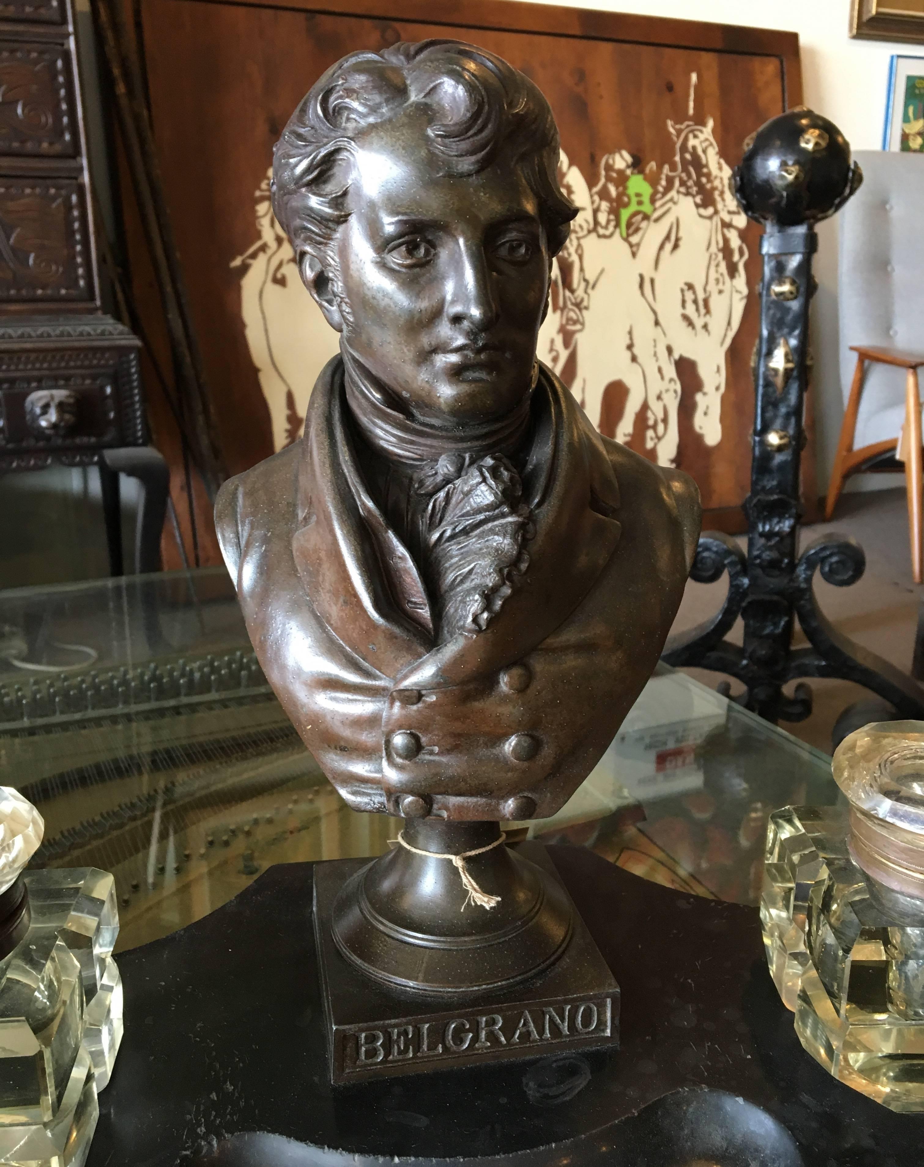 French Antique A. Carrier Signed Bronze Bust of Belgrano Marble Base Double Inkwell