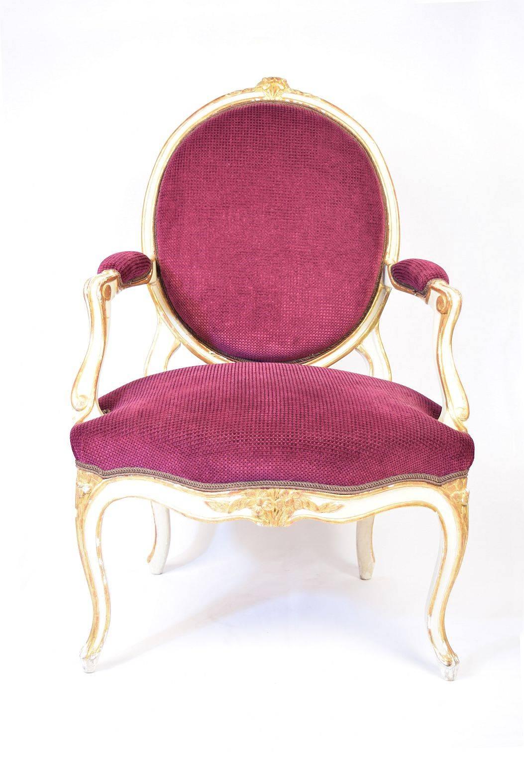 French Set of six painted and gilt wood Transition style armchairs For Sale