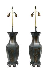 Art Deco Chinese Pewter Table Lamps - a Pair