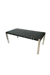 Vintage 1960s Knoll-Style Black Woven Leather & Stainless Steel Bench-Table