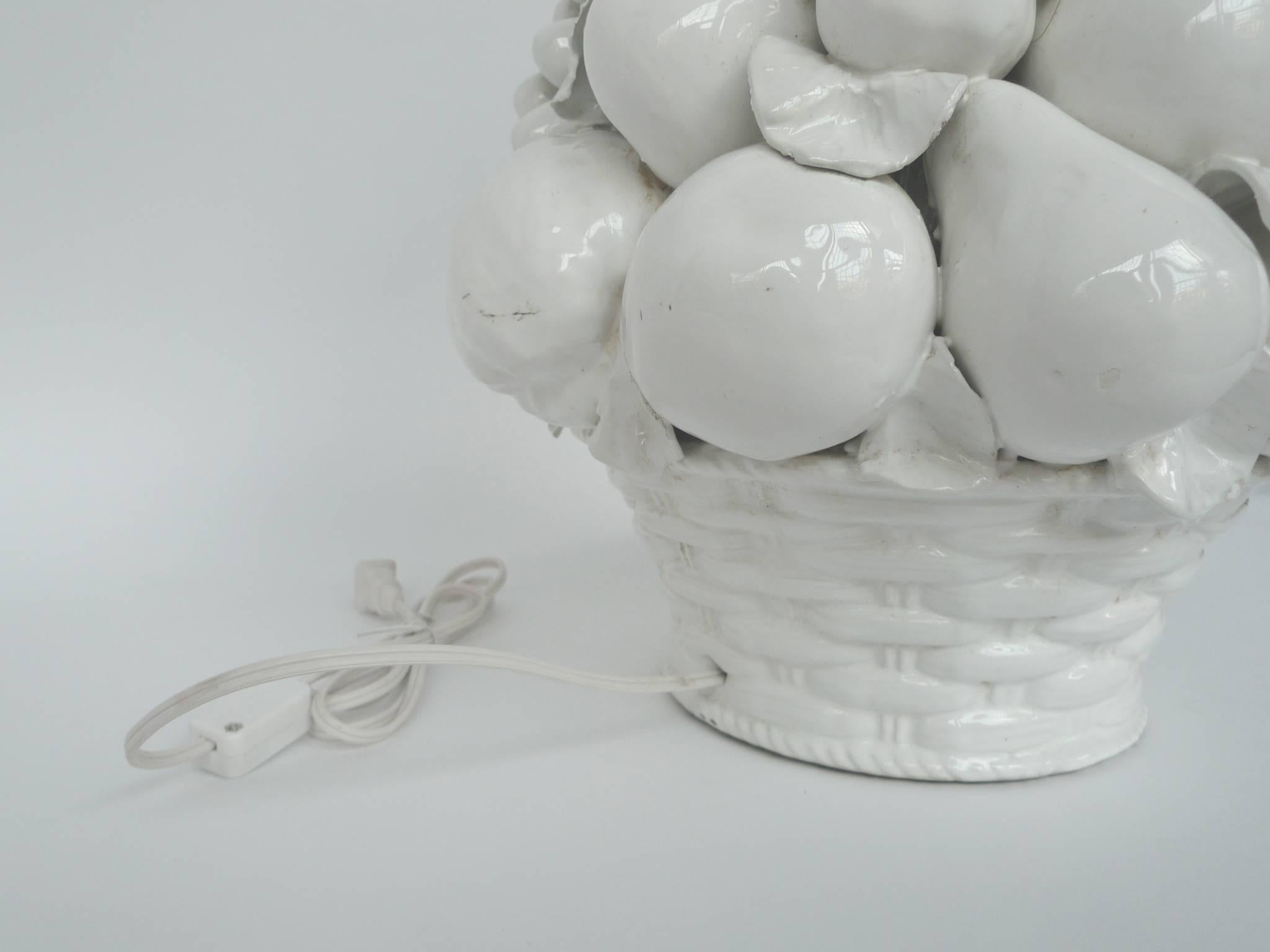 Pair of 1970s White Ceramic Fruit Basket Table Lamps 1