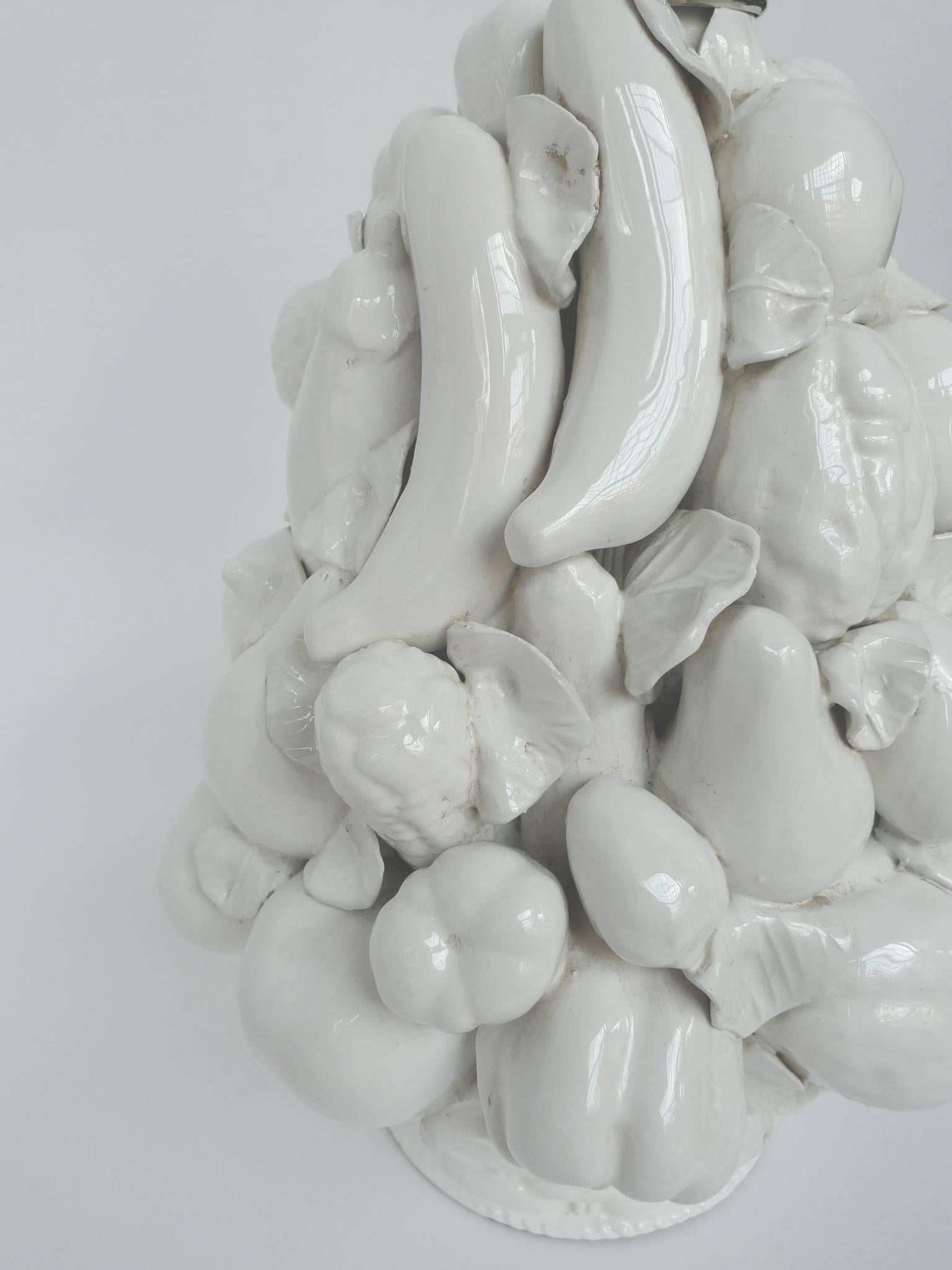 Italian Pair of 1970s White Ceramic Fruit Basket Table Lamps