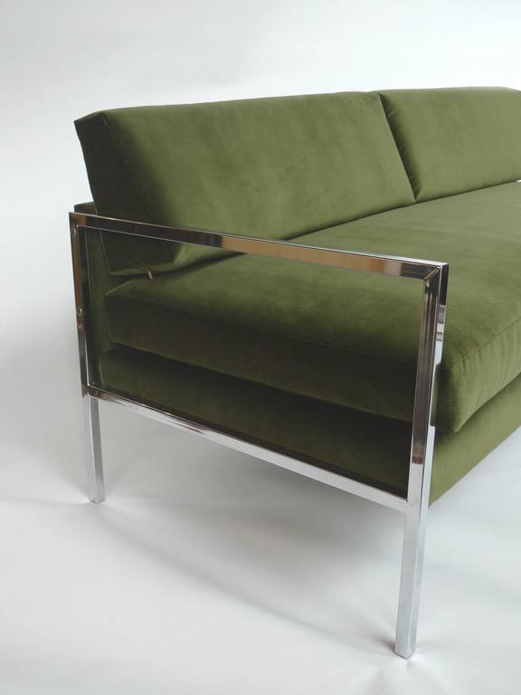 Milo Baughman Chrome and Green Velvet Sofa at 1stDibs