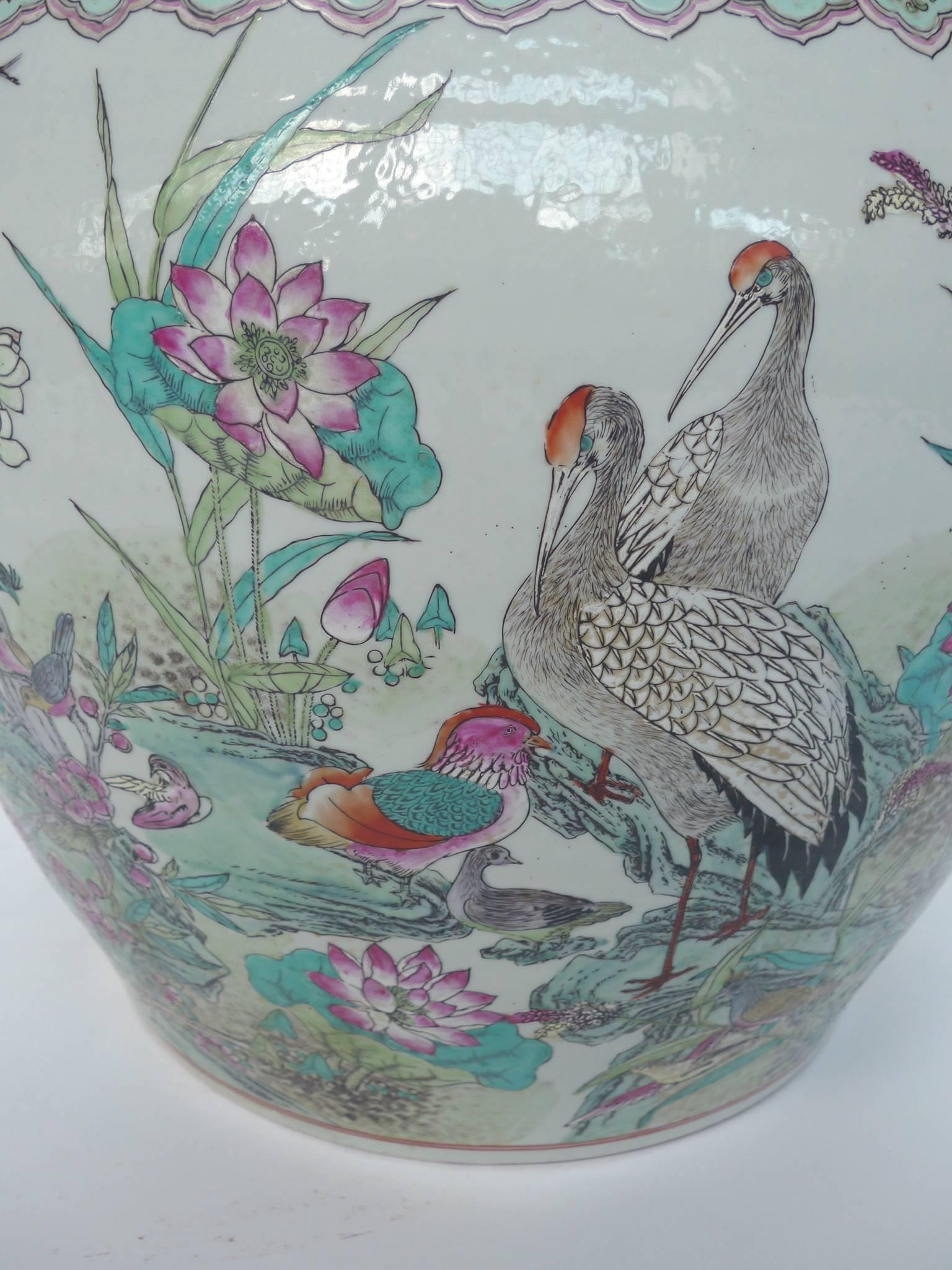 Lacquered 20th Century Chinese Hand-Painted Ceramic Fishbowl
