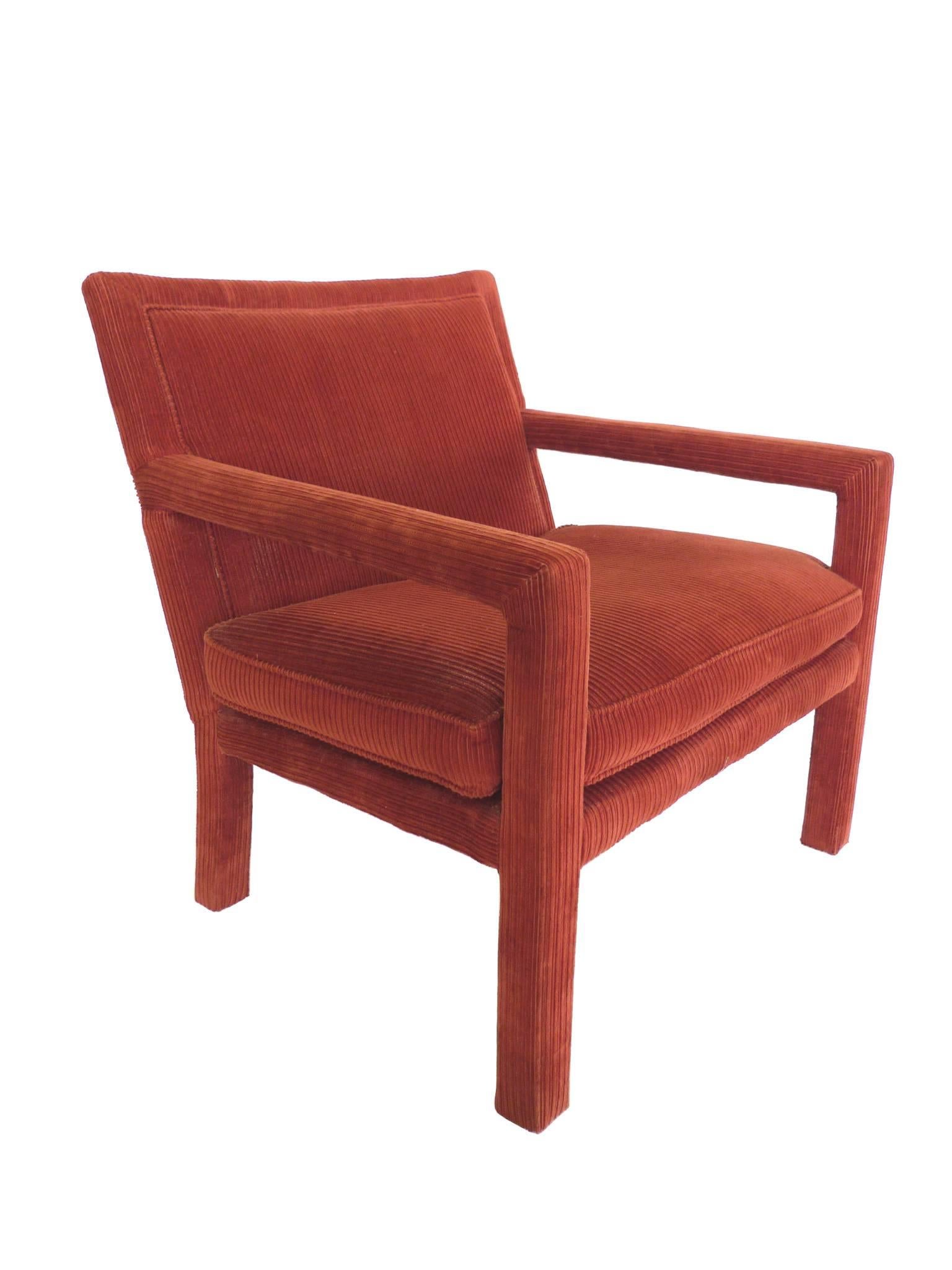 1970s Carmine-Orange Corduroy Armchairs in the Style of Milo Baughman In Good Condition In New York, NY
