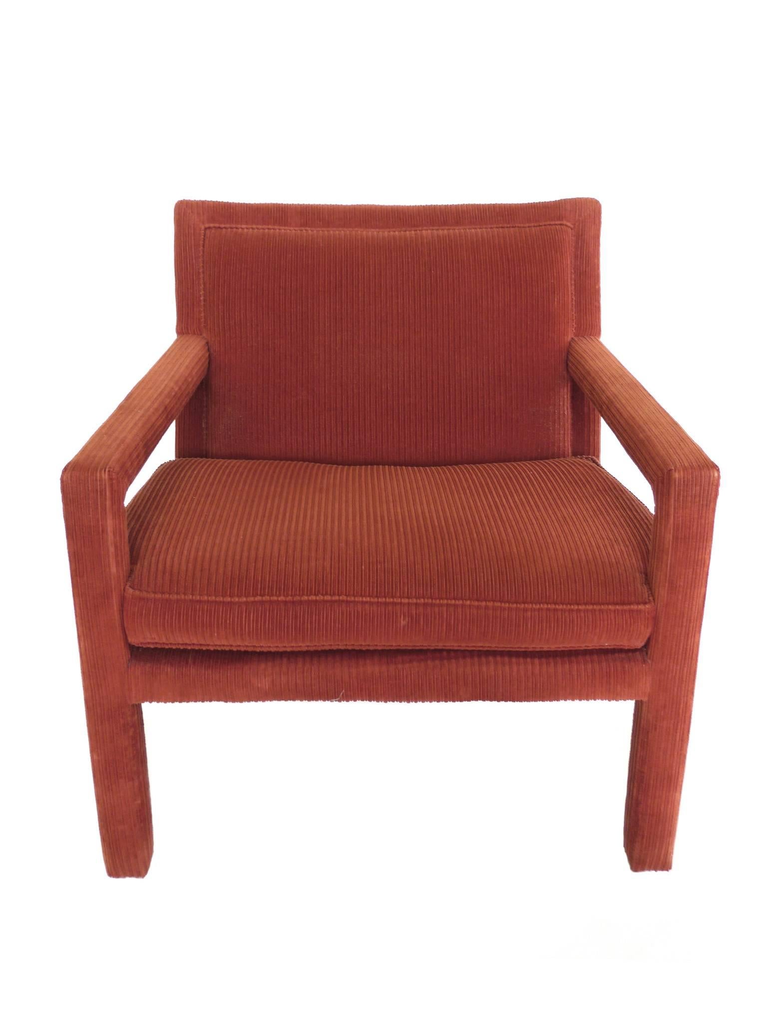 Modern 1970s Carmine-Orange Corduroy Armchairs in the Style of Milo Baughman