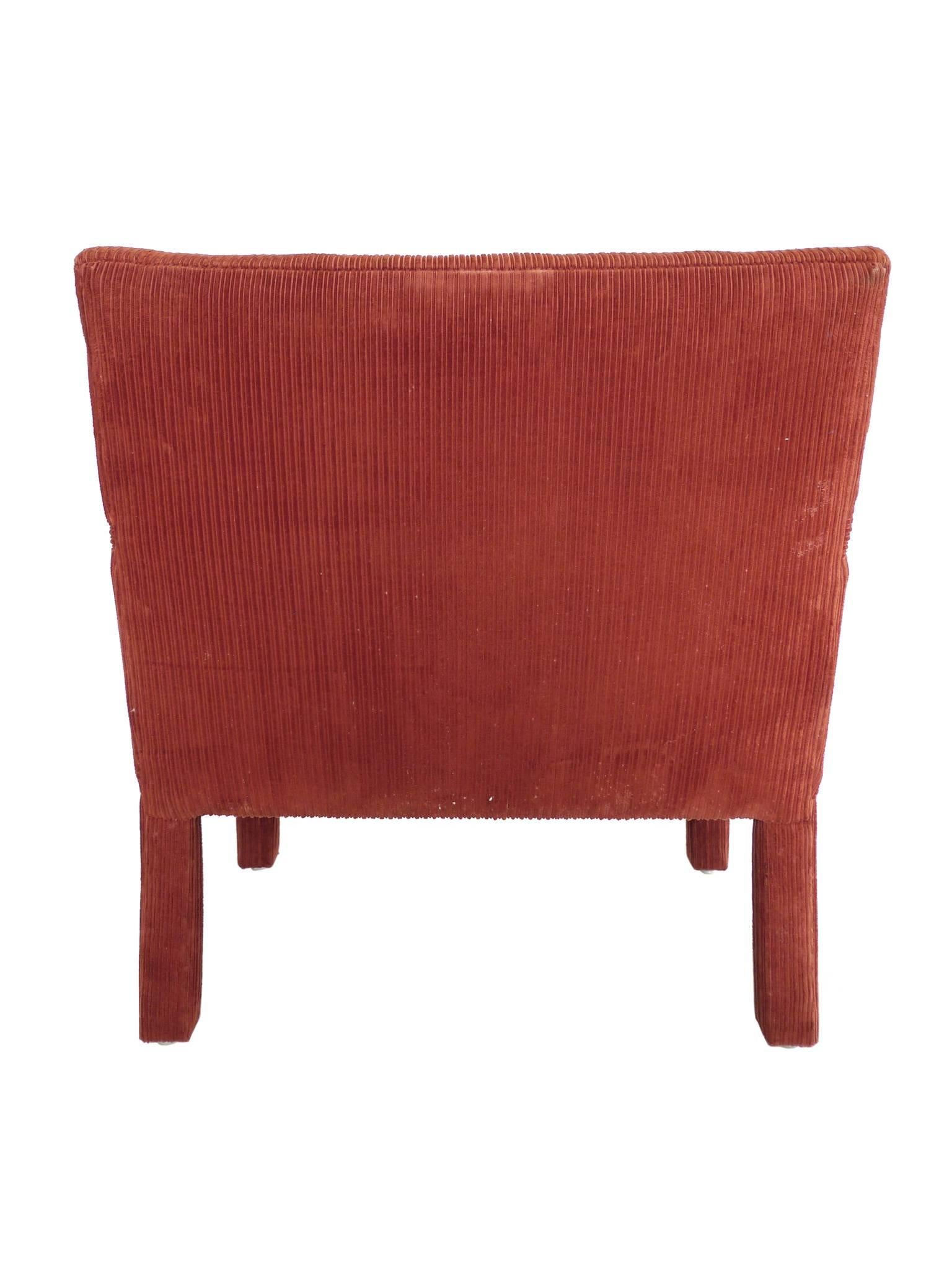 20th Century 1970s Carmine-Orange Corduroy Armchairs in the Style of Milo Baughman