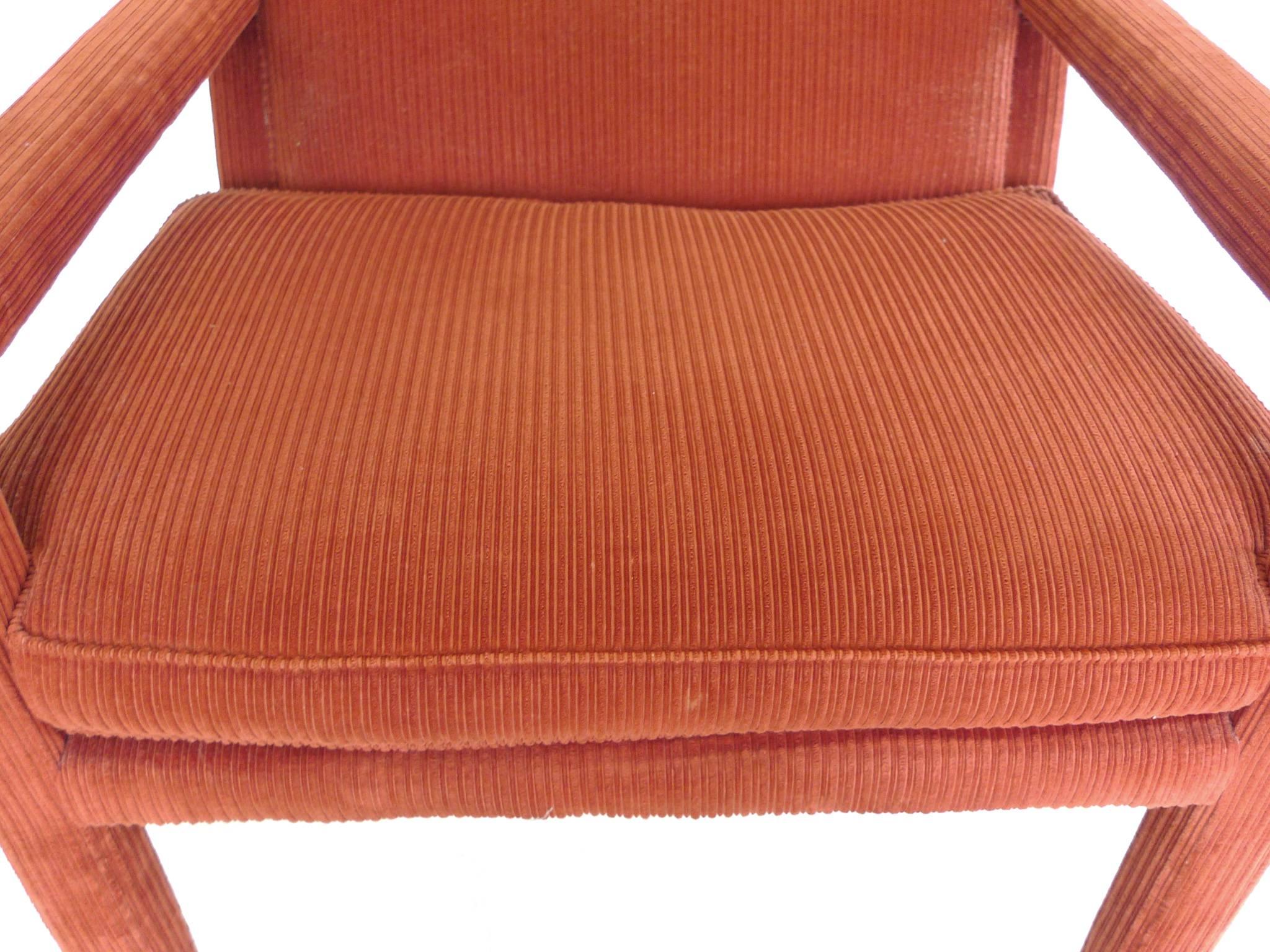 1970s Carmine-Orange Corduroy Armchairs in the Style of Milo Baughman 2