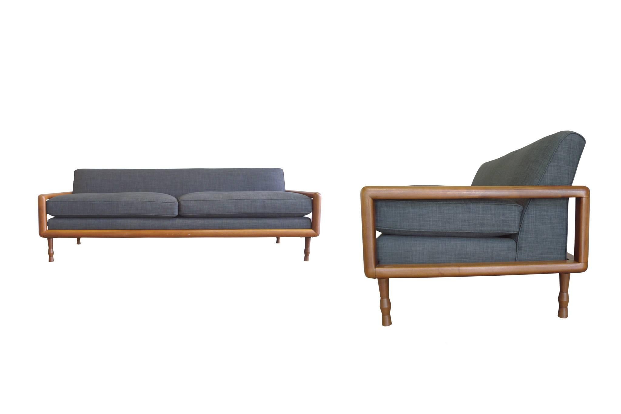 Mid-Century Modern Mid-Century Walnut Sofa and Armchair Set in the Style of T.H. Robsjohn-Gibbings