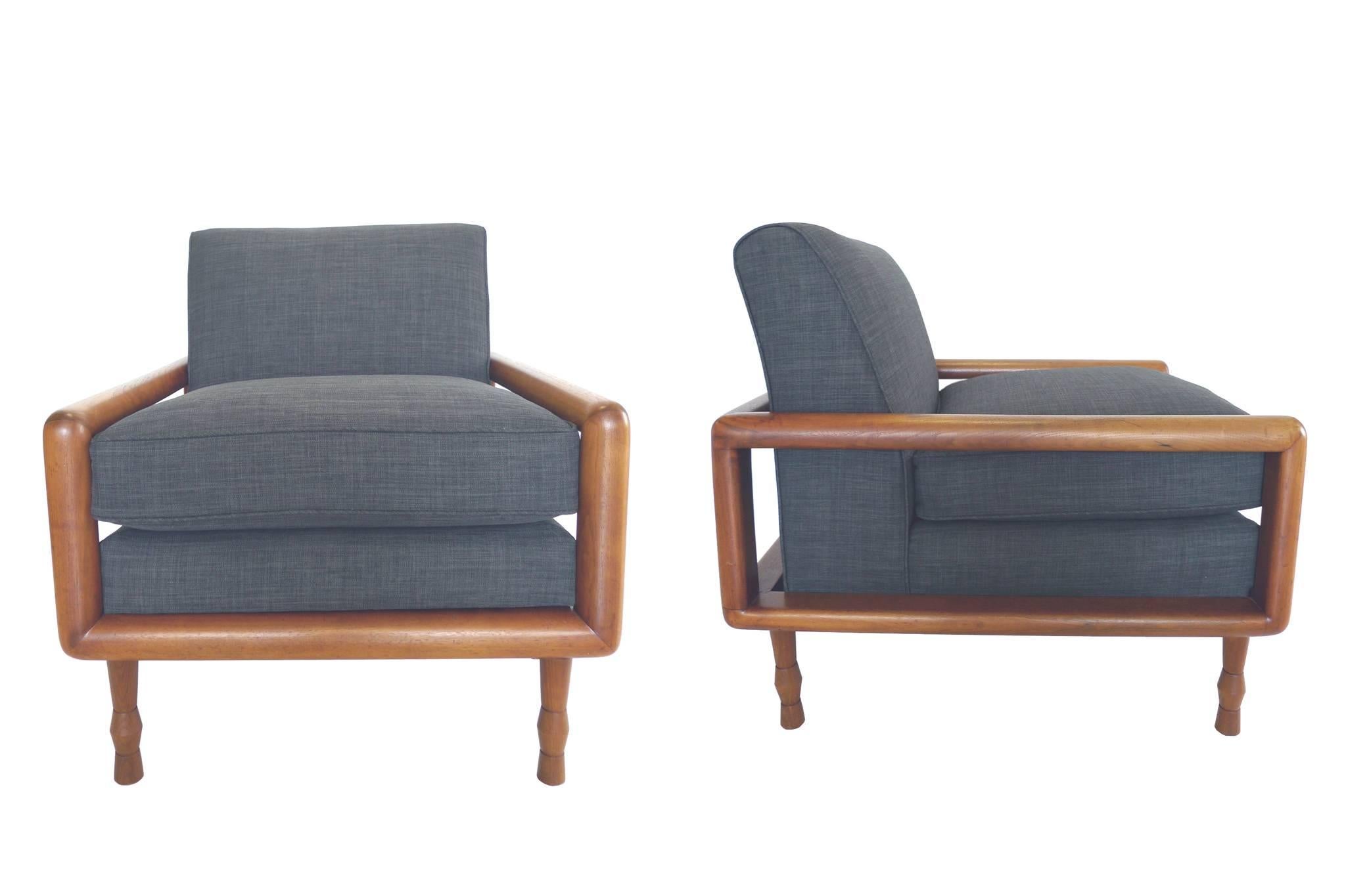 Cotton Mid-Century Walnut Sofa and Armchair Set in the Style of T.H. Robsjohn-Gibbings