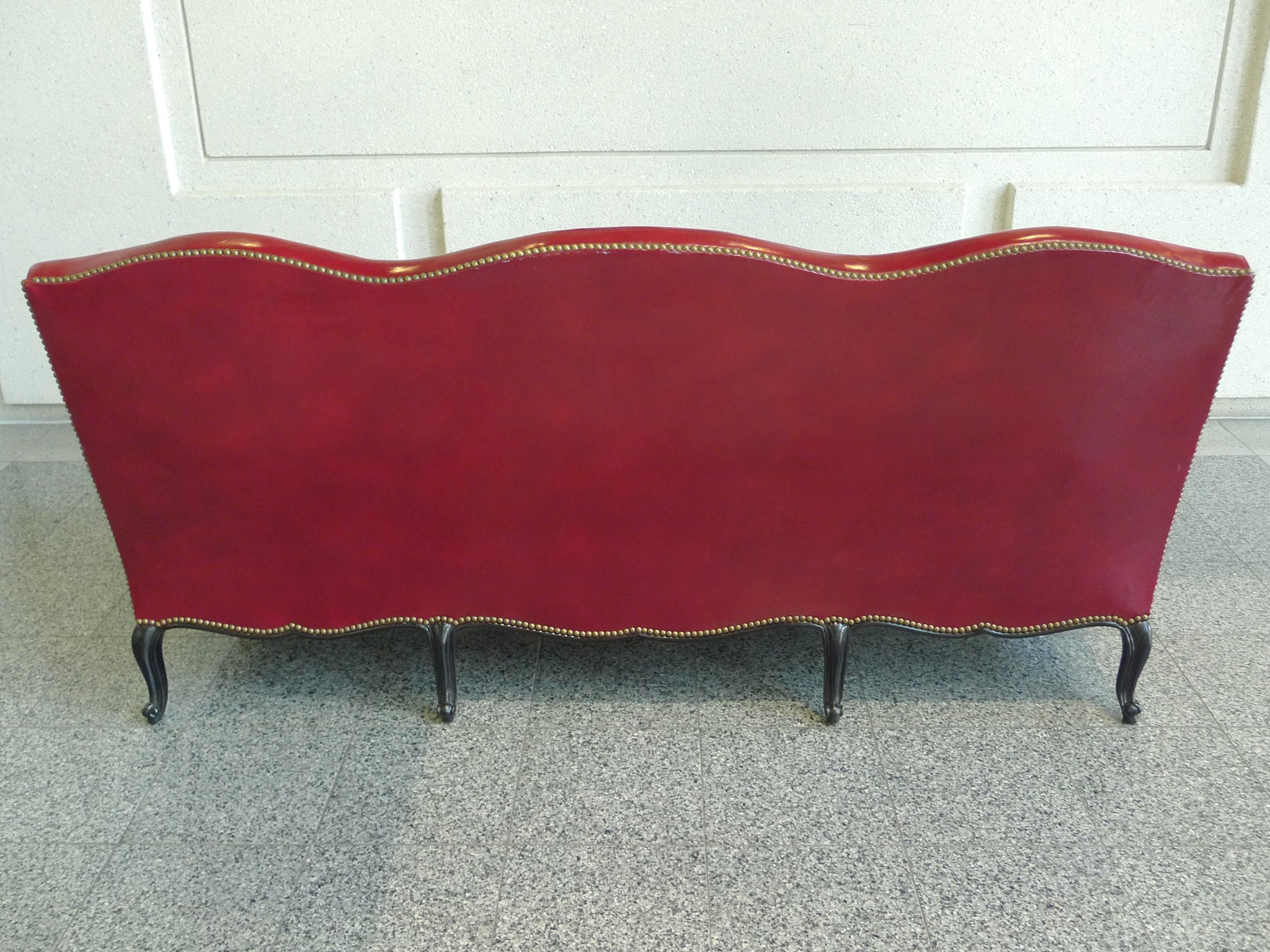 Louis xv style red leather camelback sofa with paul smith fabric at 1stdibs