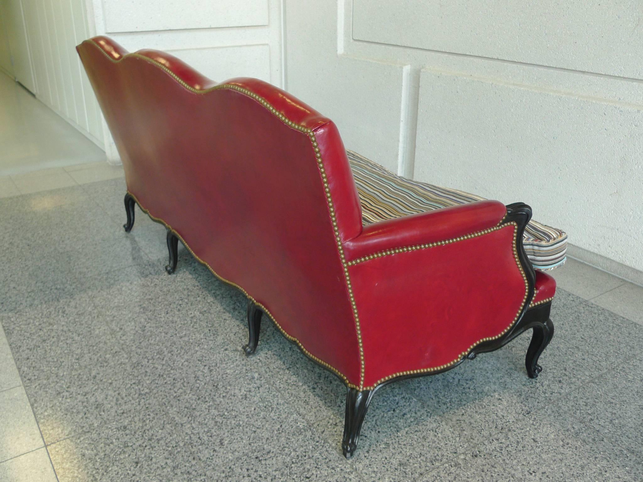 American Louis XV Style Red Leather Camelback Sofa with Paul Smith Fabric