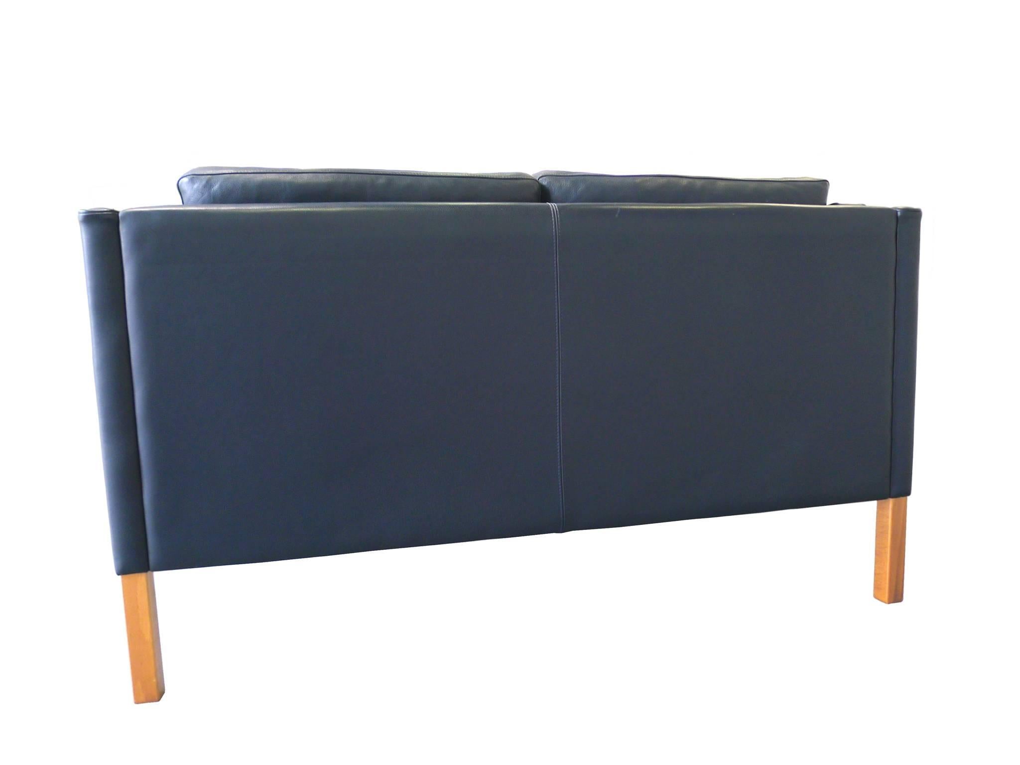 Danish Stouby Blue Leather Settee in the Style of Børge Mogensen