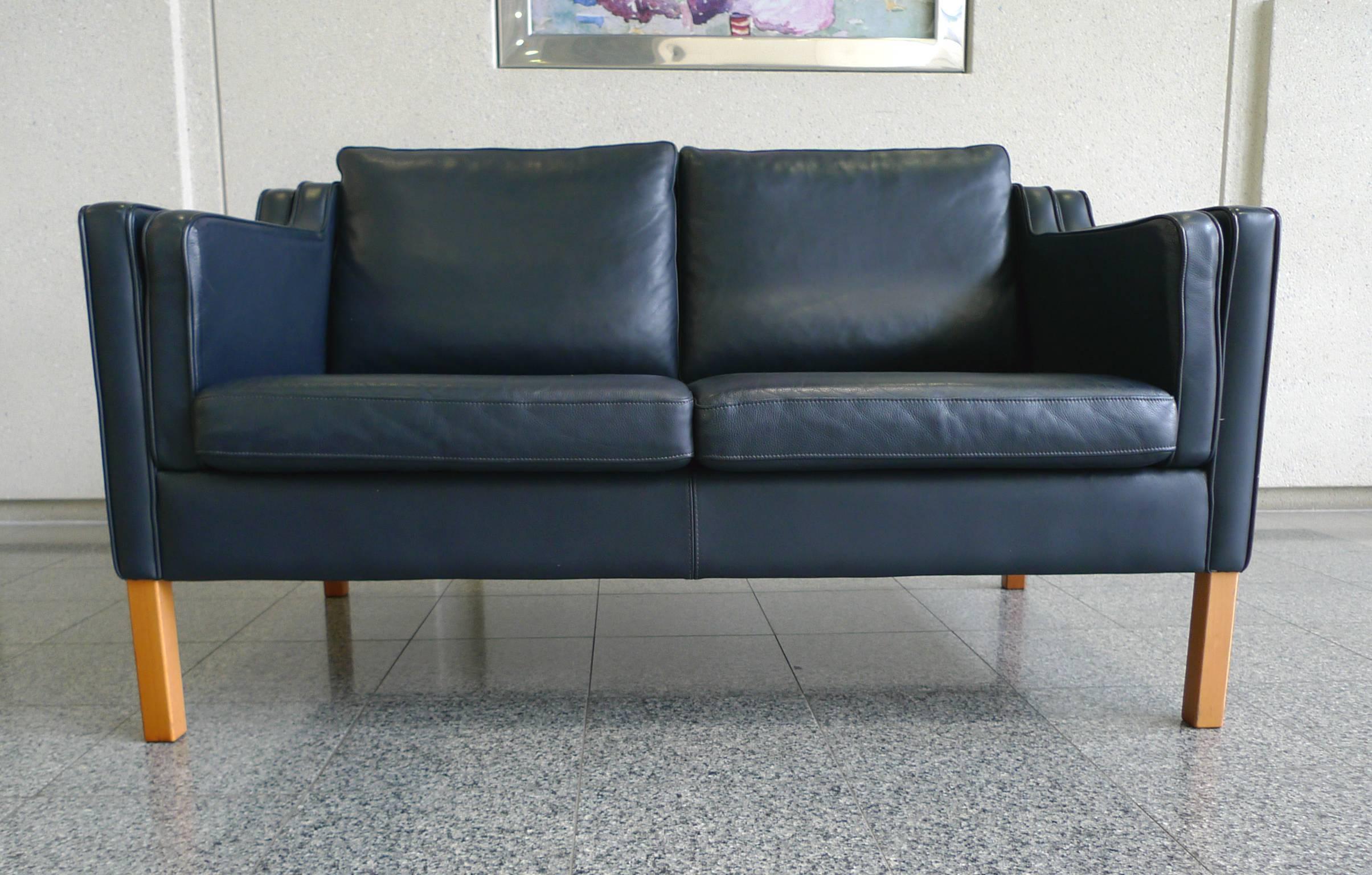 Beech Stouby Blue Leather Settee in the Style of Børge Mogensen