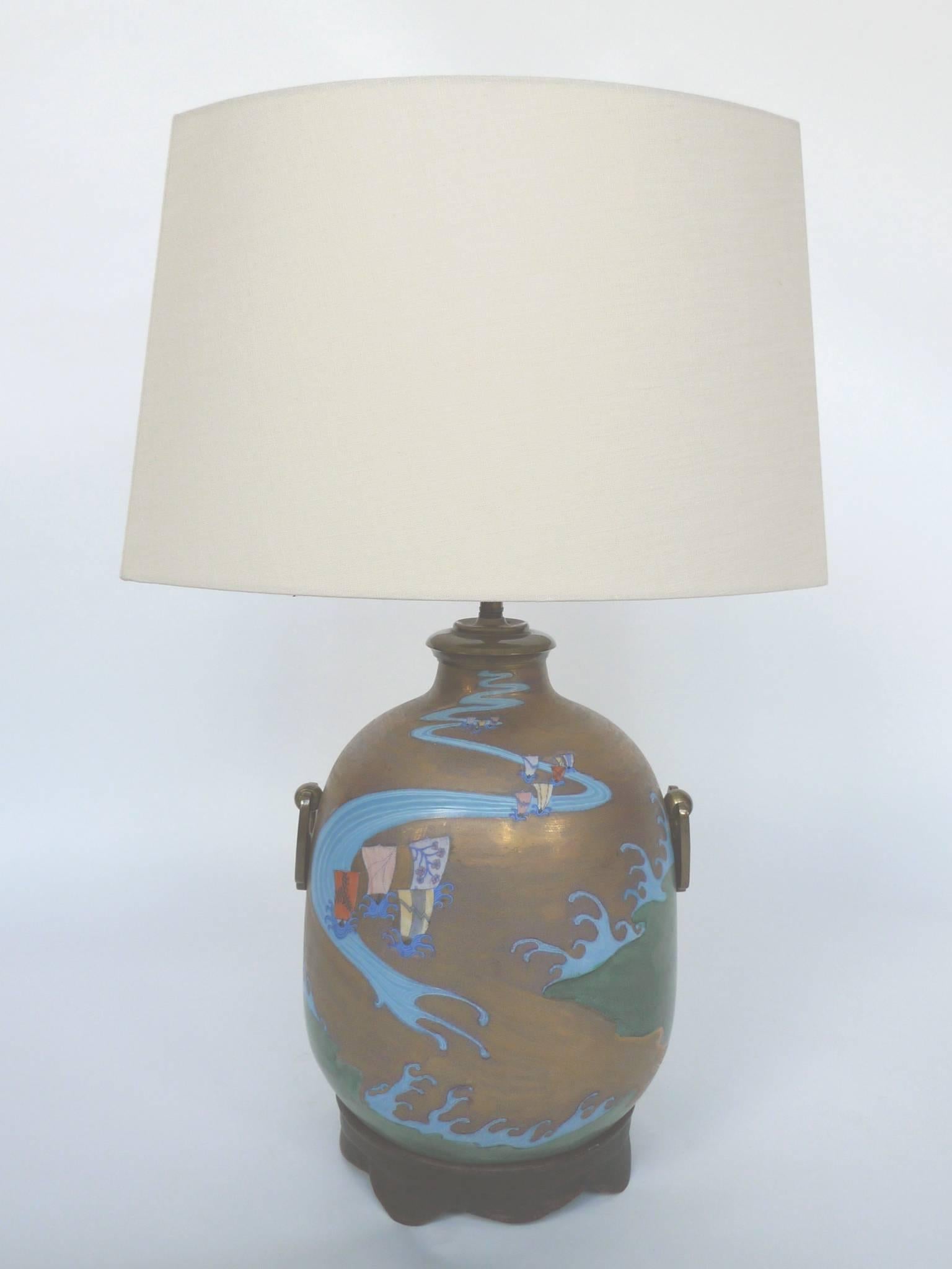 Asian Modern Enamel-Decorated Brass Table Lamp In Good Condition In New York, NY