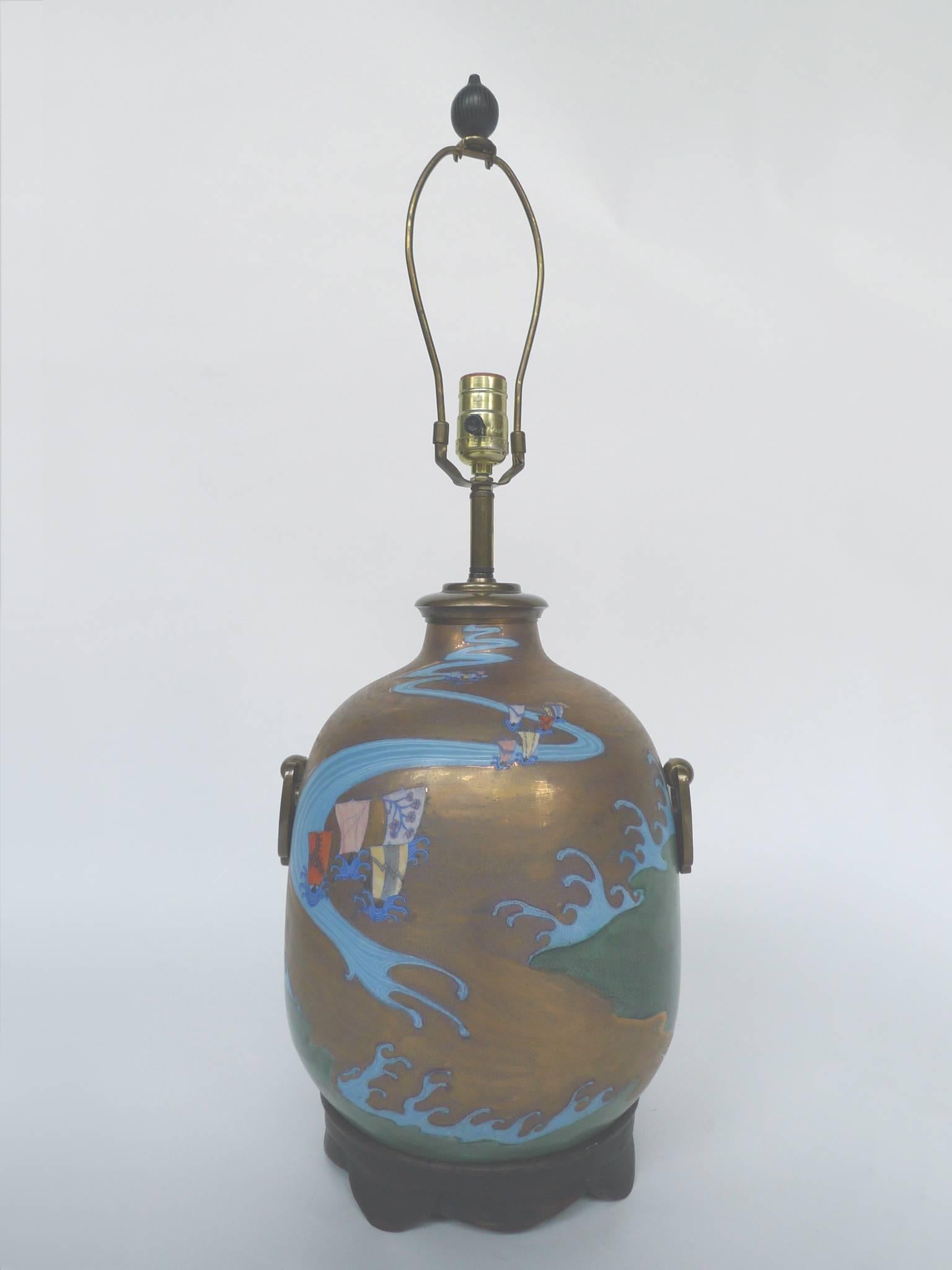 20th Century Asian Modern Enamel-Decorated Brass Table Lamp