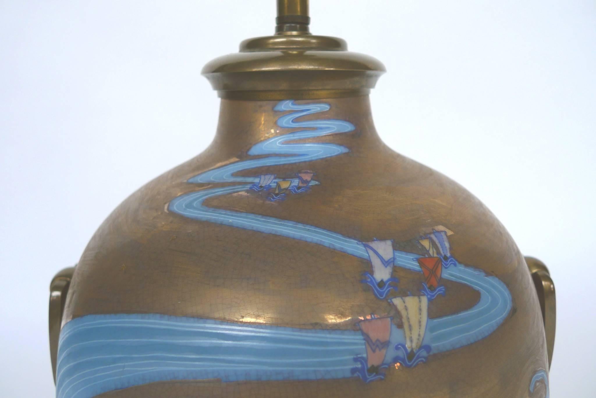 Asian Modern Enamel-Decorated Brass Table Lamp 2
