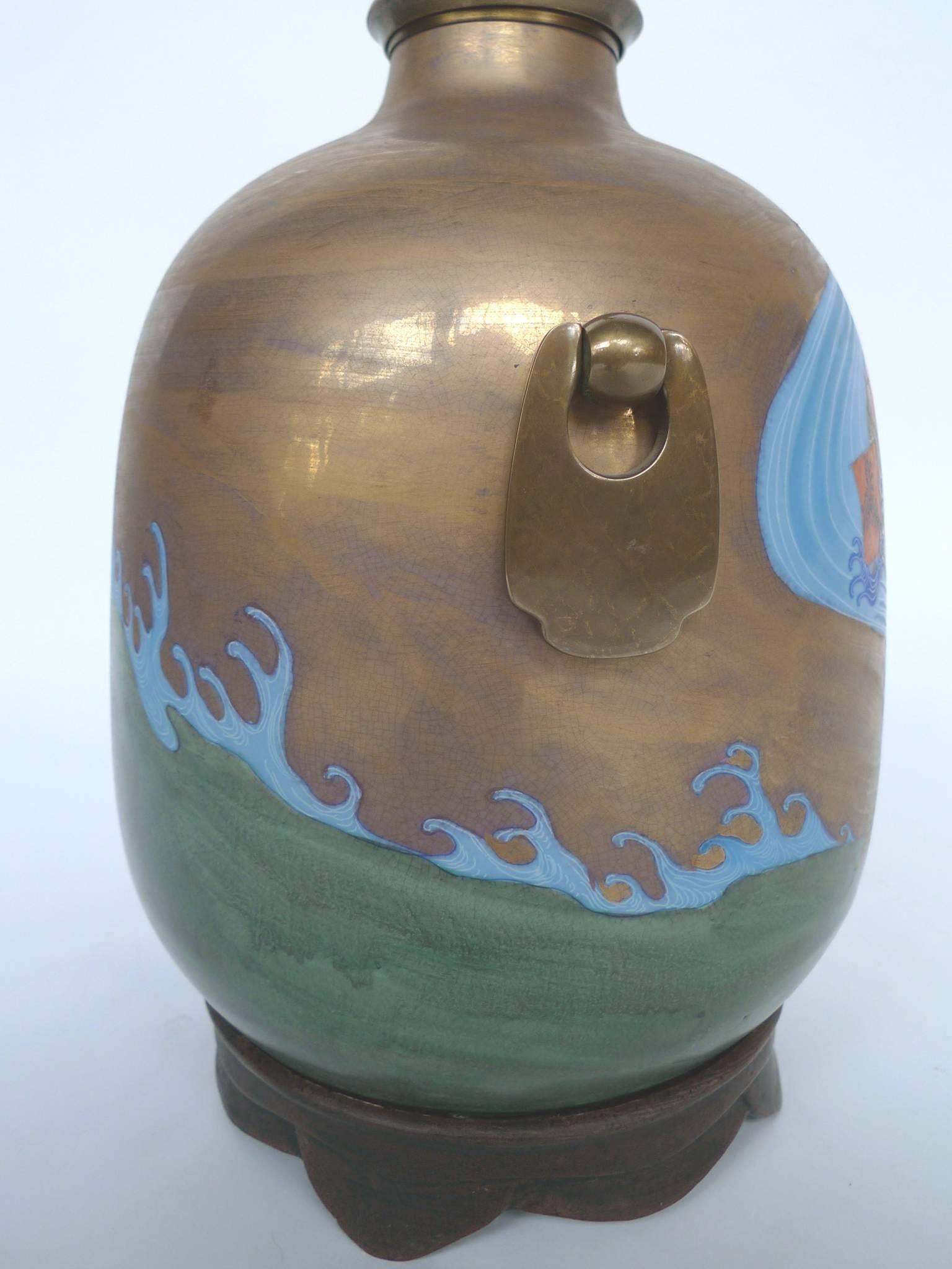 Asian Modern Enamel-Decorated Brass Table Lamp 4