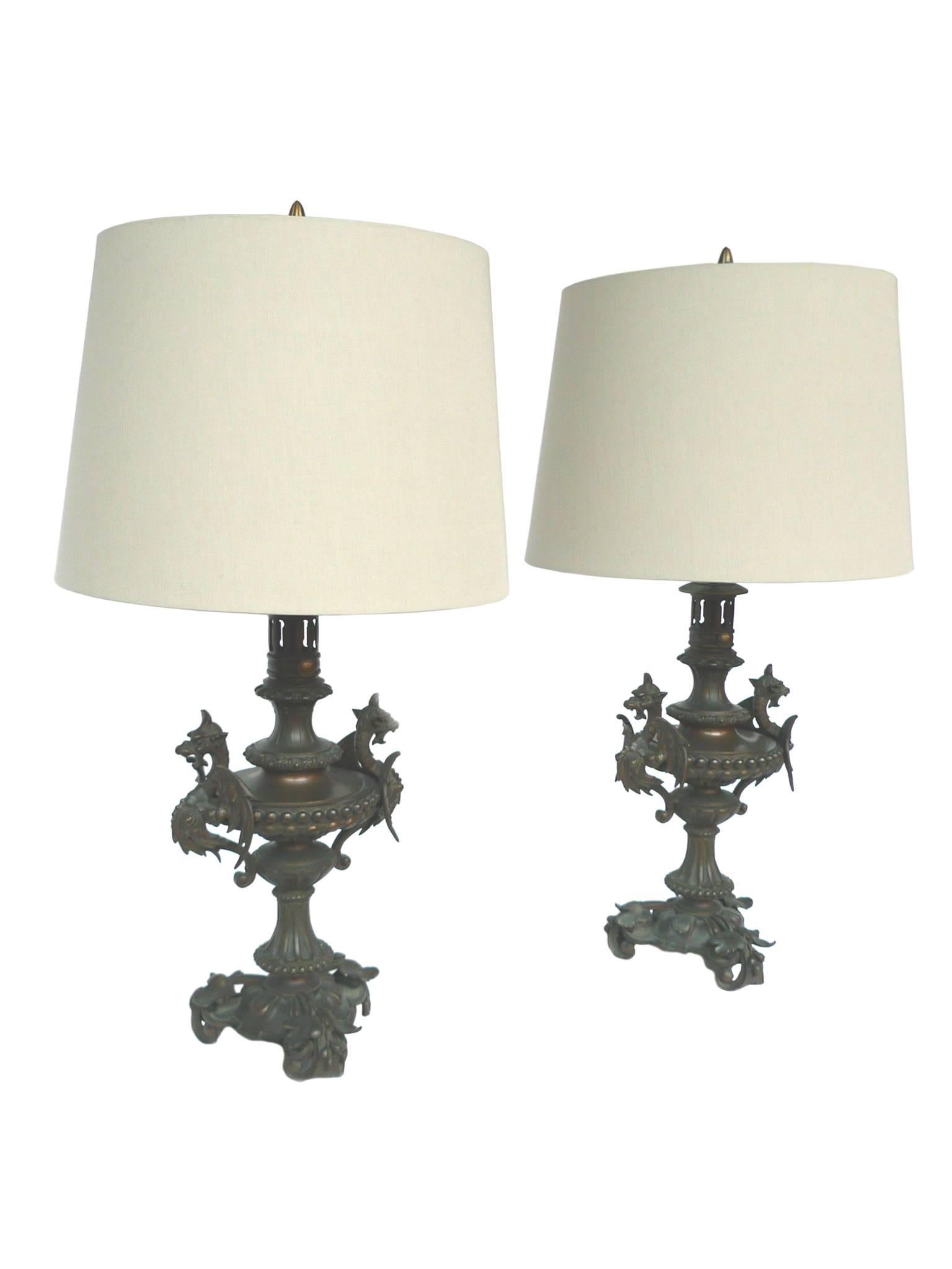 Metal Pair of Bronze Meiji-Style Lamps