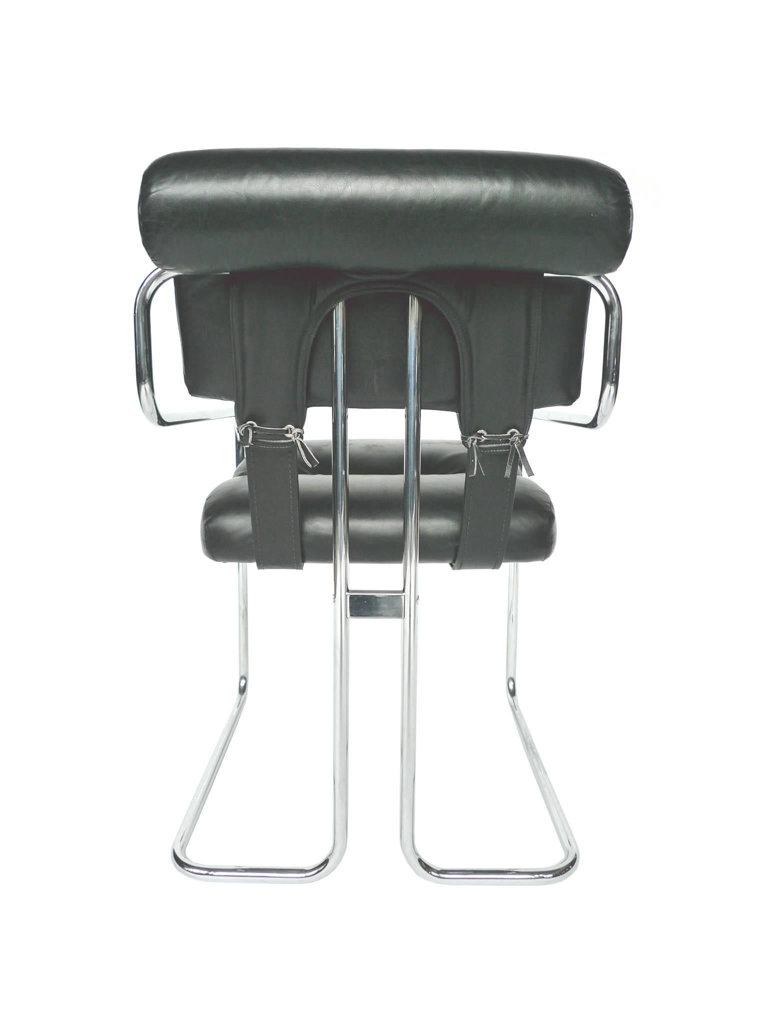 Modern Set of Four Tucroma Black Leather and Chrome Dining Chairs